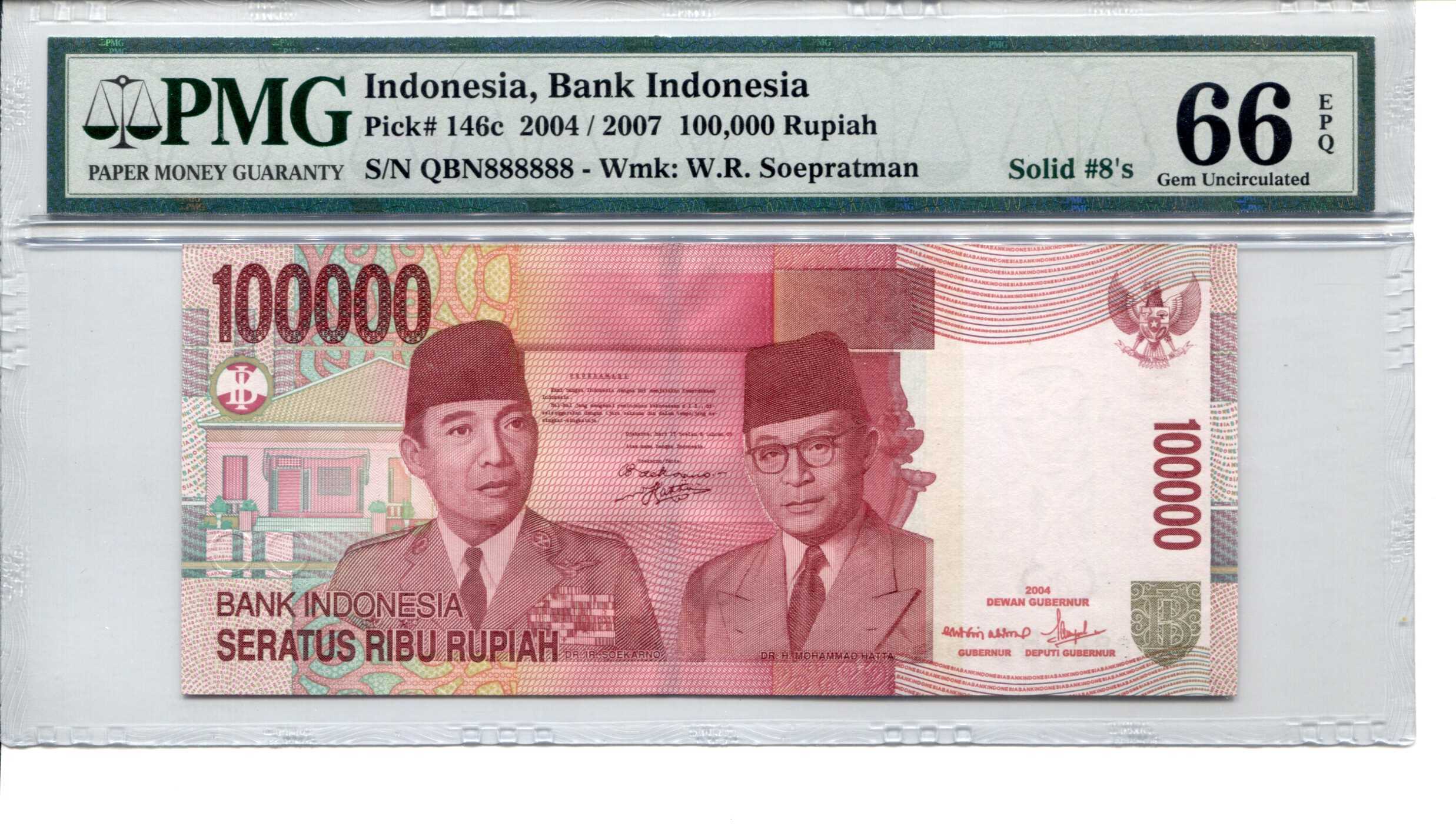 INDONESIA 2004/2007 100,000 RUPIAH SOLID NUMBER QBN 888888 PMG 66EPQ ...