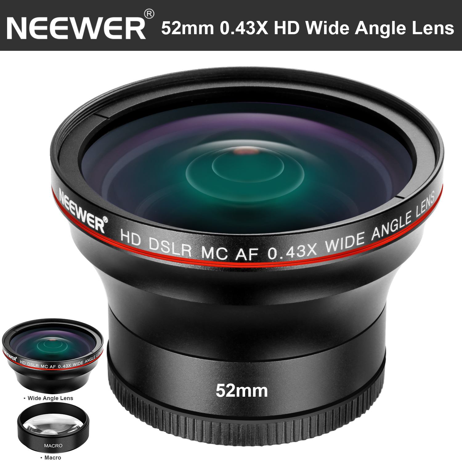 Neewer 52MM 0.43X HD Wide Angle Lens with Macro Close-Up Portion ...
