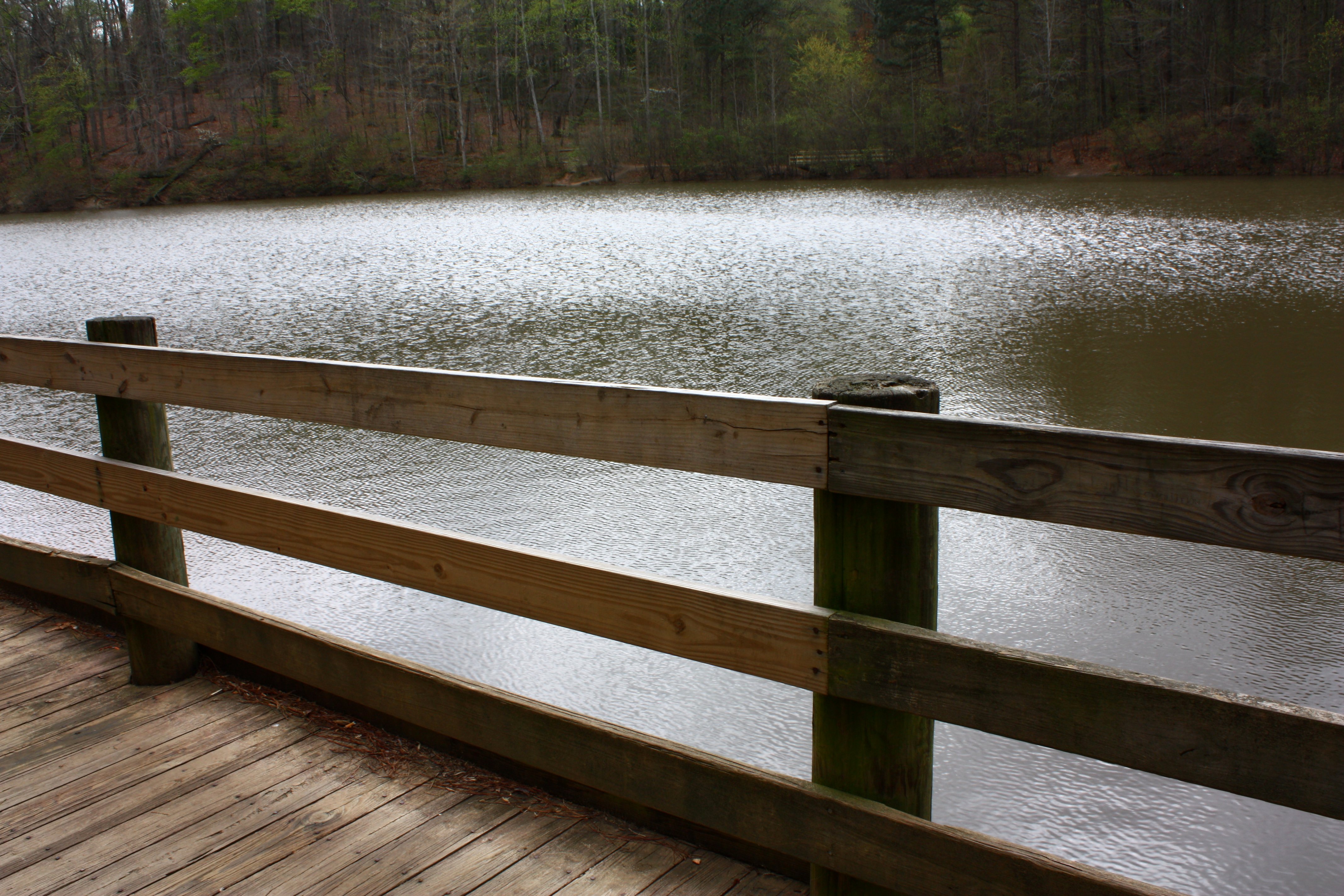 A wooden fence by a lake photo