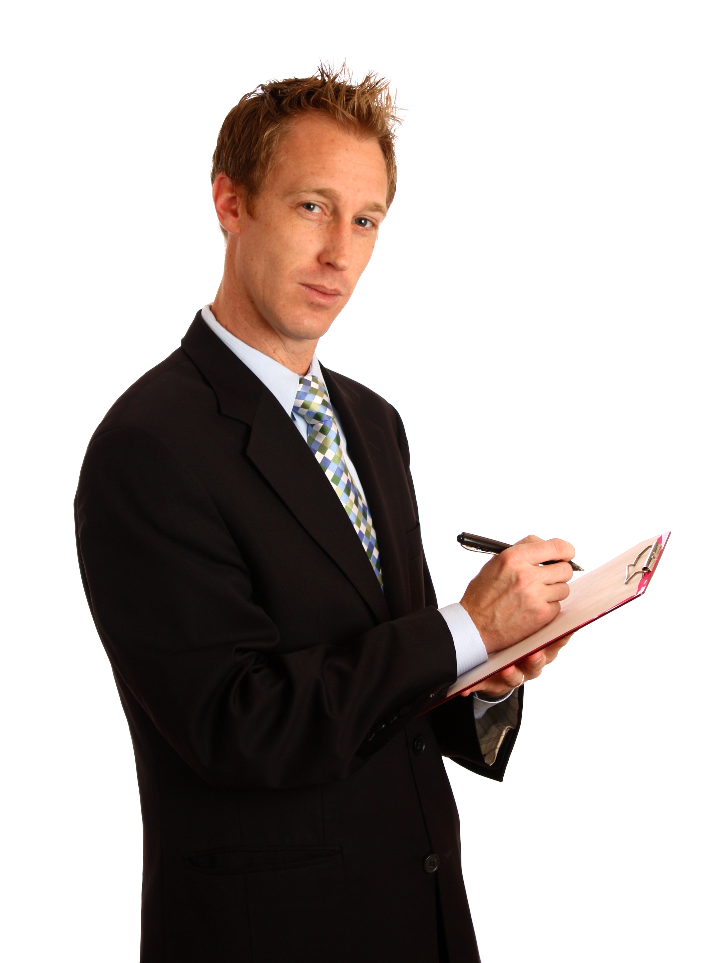 A young businessman holding a clipboard photo
