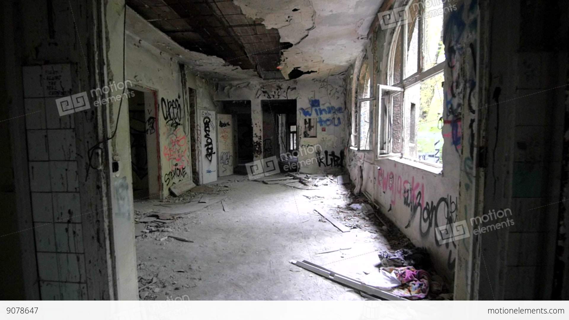 Slow Motion Of Walking Through Abandoned Building With Graffiti ...