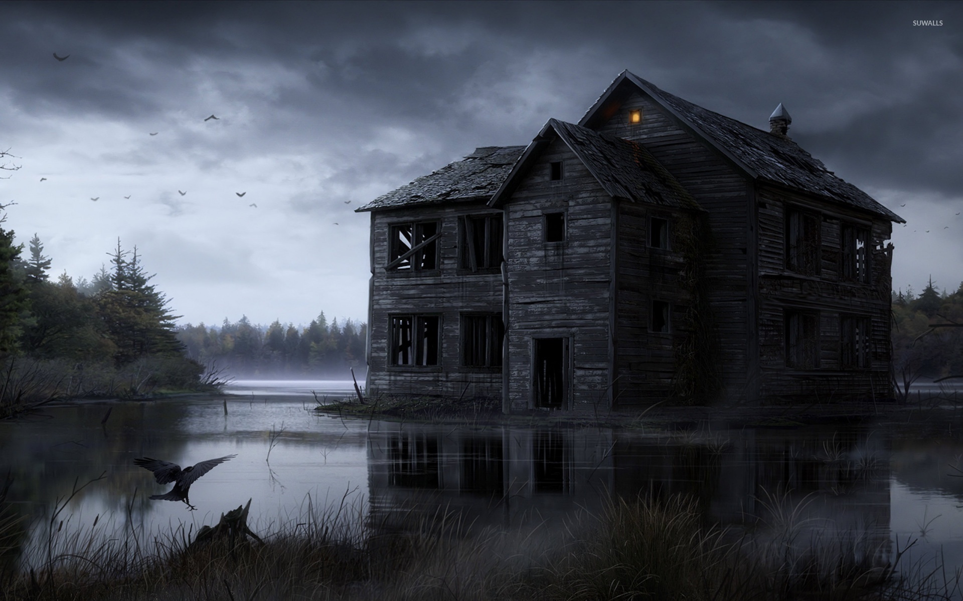 Spooky abandoned house in the middle of the foggy lake wallpaper ...