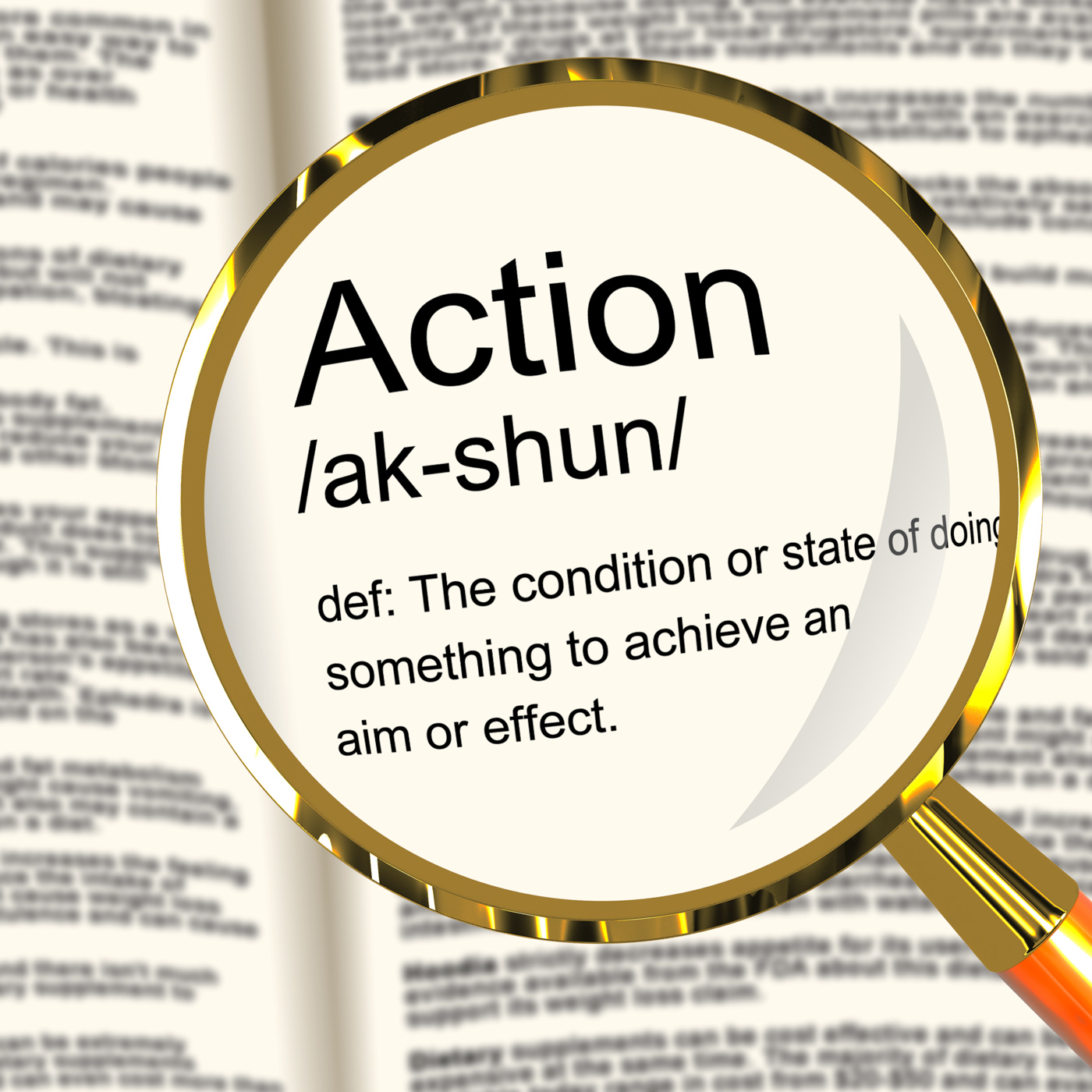 Action definition magnifier showing acting or proactive photo