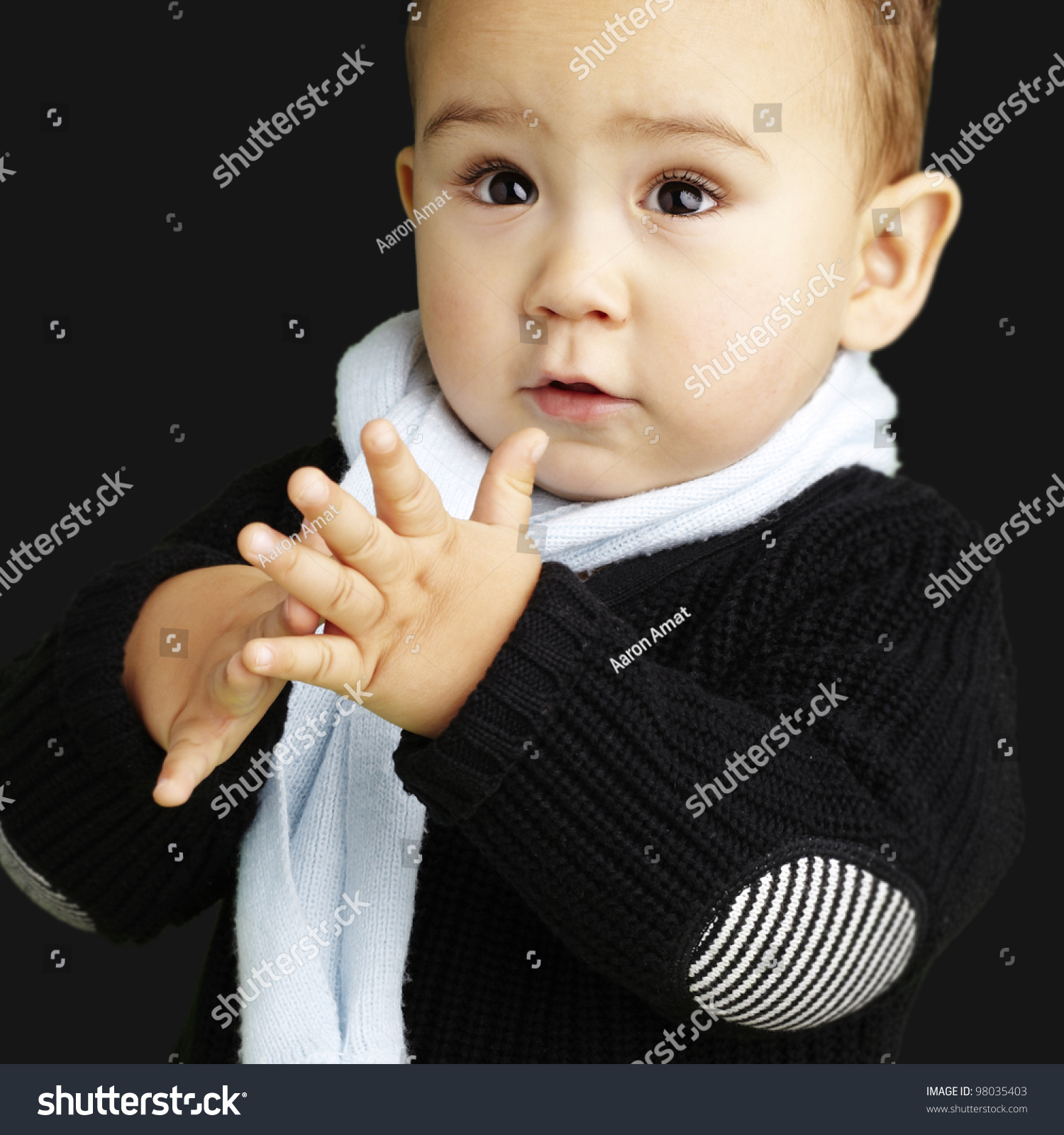 Portrait Adorable Kid Clapping Against Black Stock Photo (Royalty ...