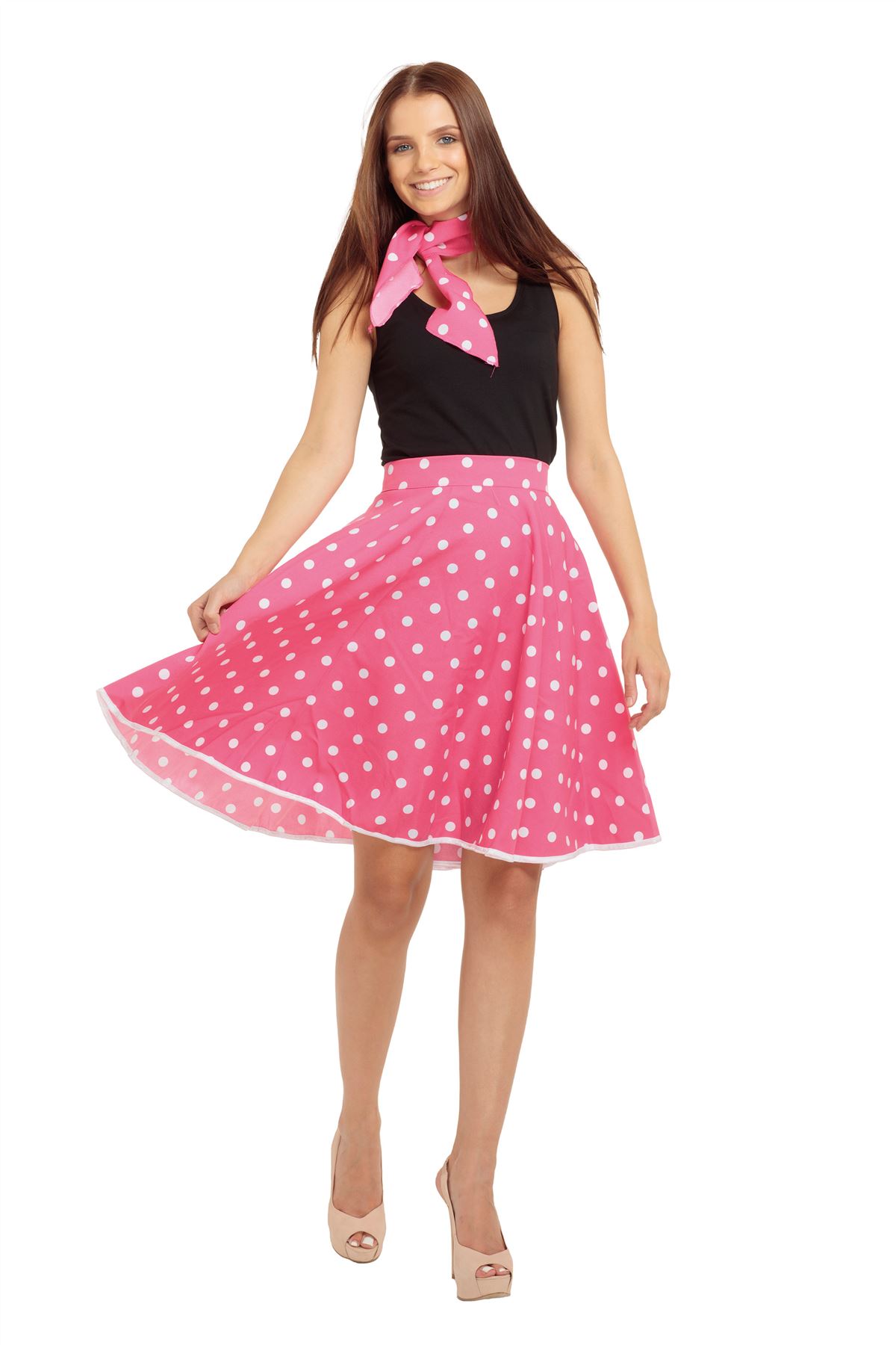 Adult Ladies 50s Rock n Roll Skirt Scarf Fancy Dress Jive Polka Dot ...
