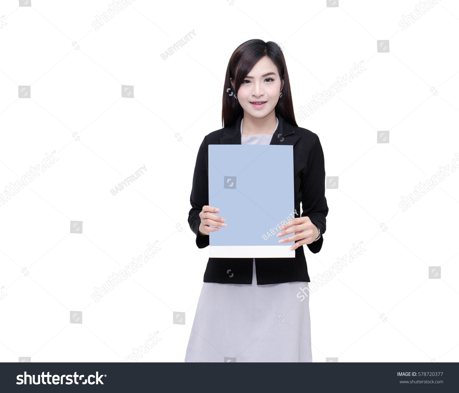 Woman Holding Blue Blank Paper Poster Stock Photo (Royalty Free ...