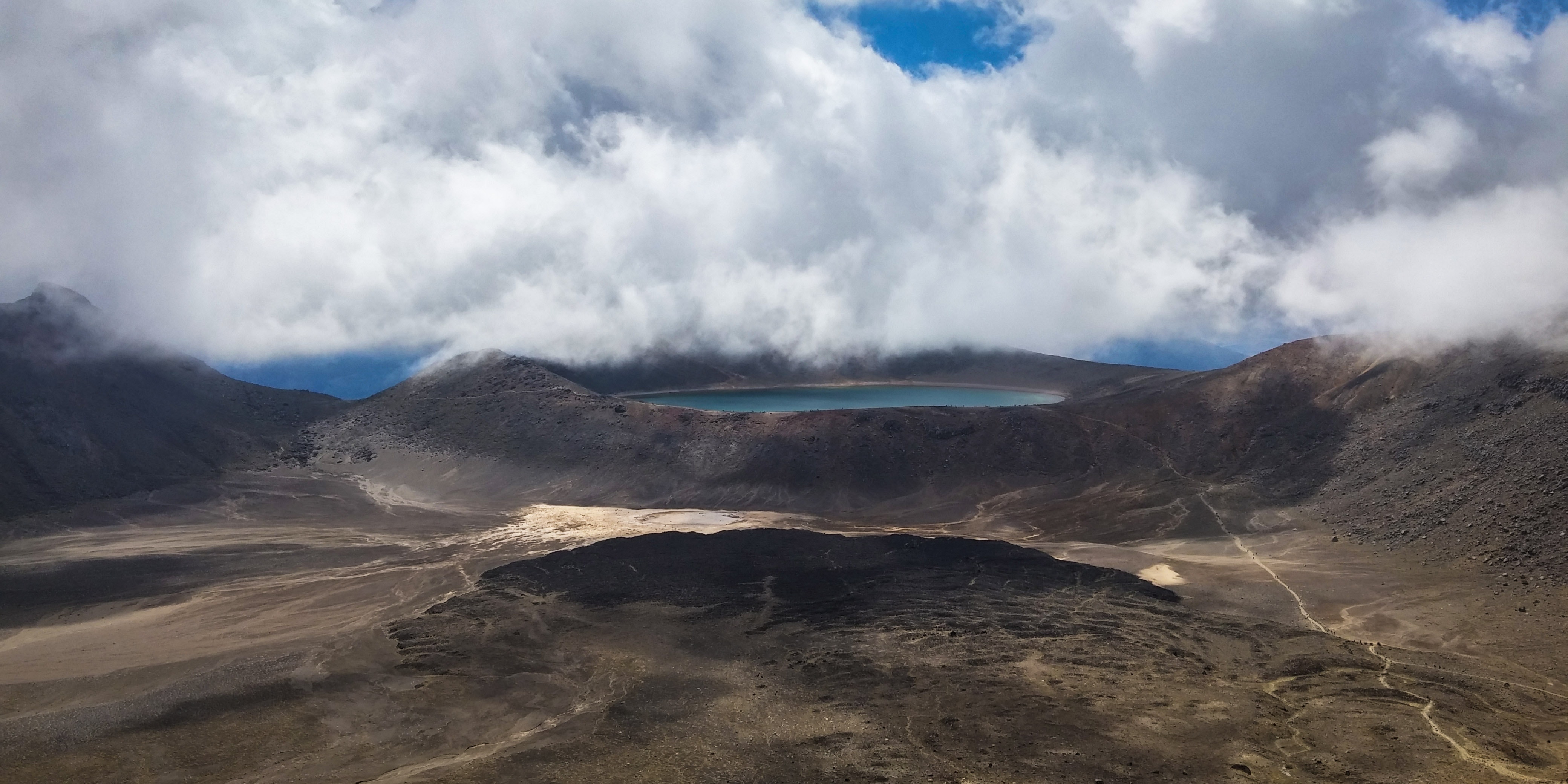 Aerial Photo of Lake Under Clouds, Adventure, Sand, Volcano, Travel, HQ Photo