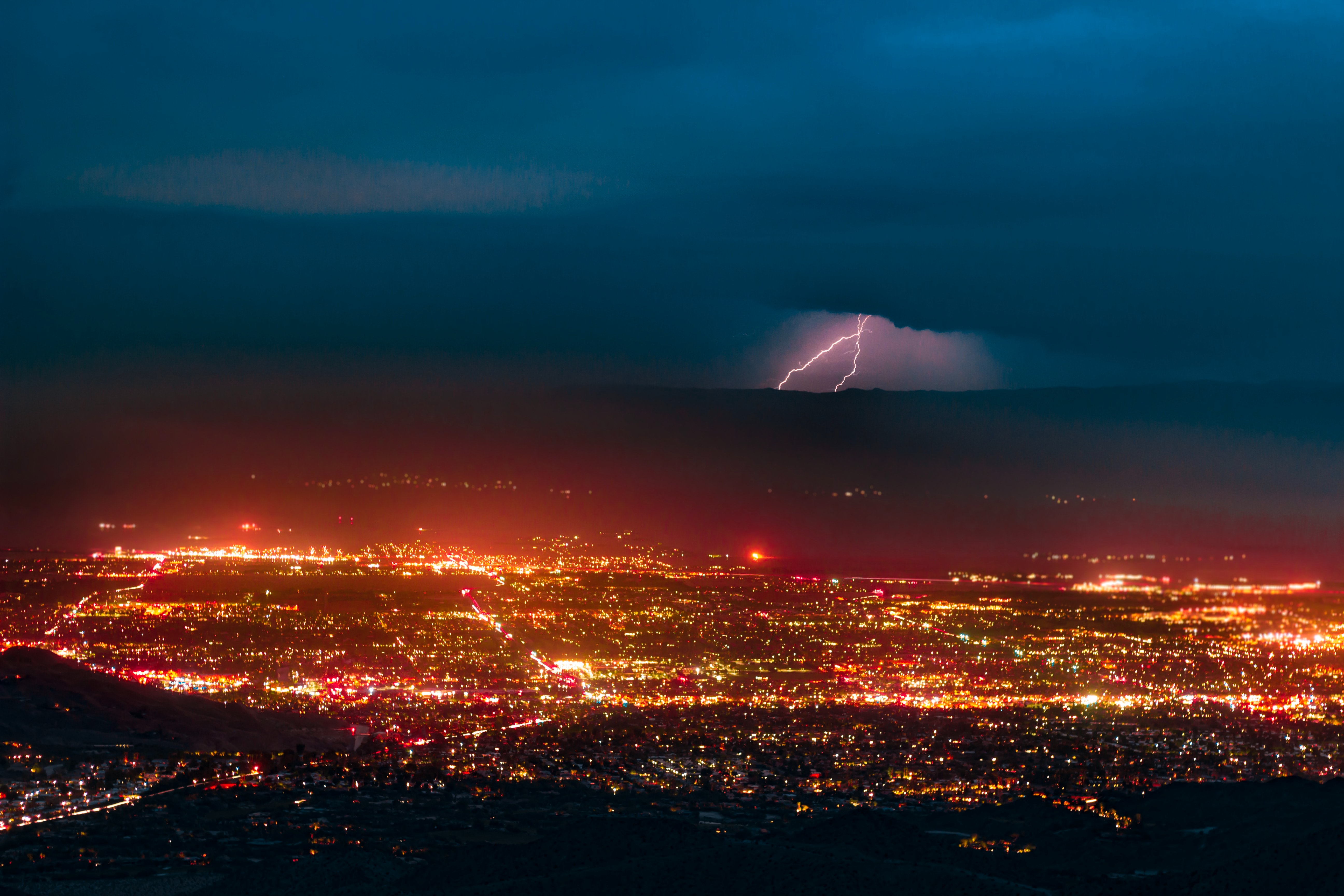 Aerial Photography of Urban City Overlooking Lightning during Nighttime, Backlit, Lightning, Travel, Storm, HQ Photo