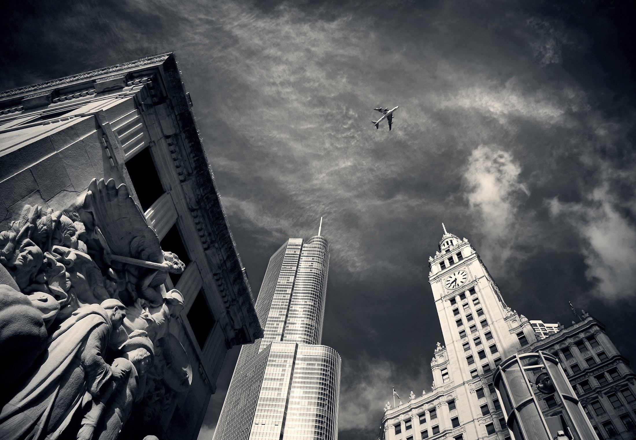 Air Plane Flying over Concrete Buildings and Statues in Grayscale Photography, Aeroplane, Airplane, Architecture, Black-and-white, HQ Photo
