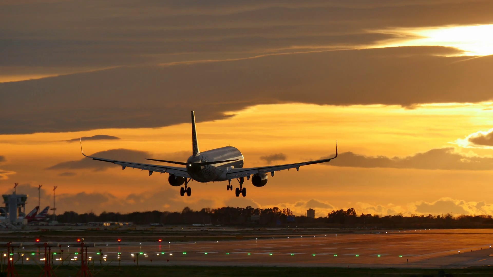 Commercial Aircraft Landing at Barcelona Airport at Sunset ...