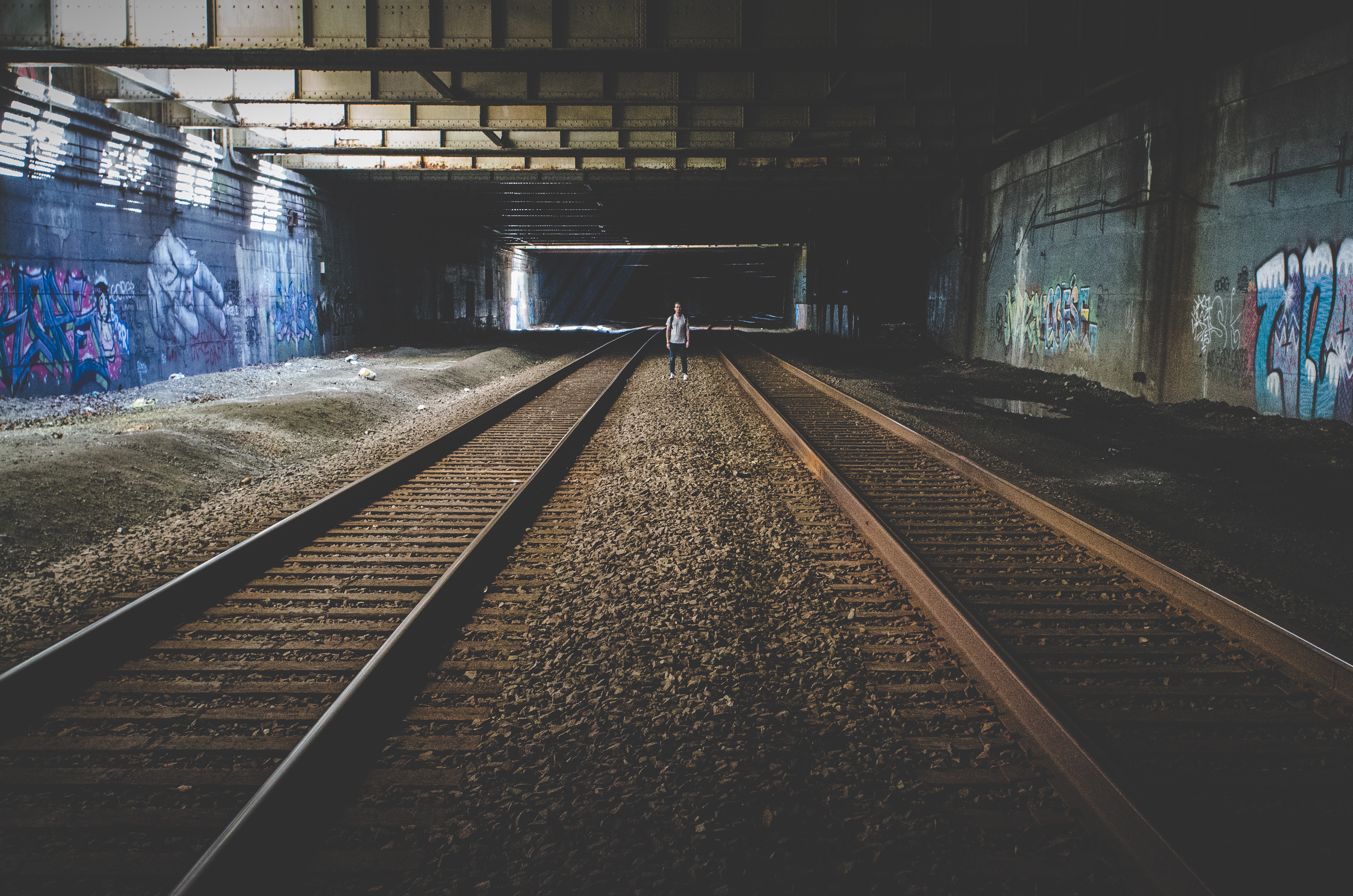 Alone in Train Tunnel, Alone, Person, Rails, Track, HQ Photo