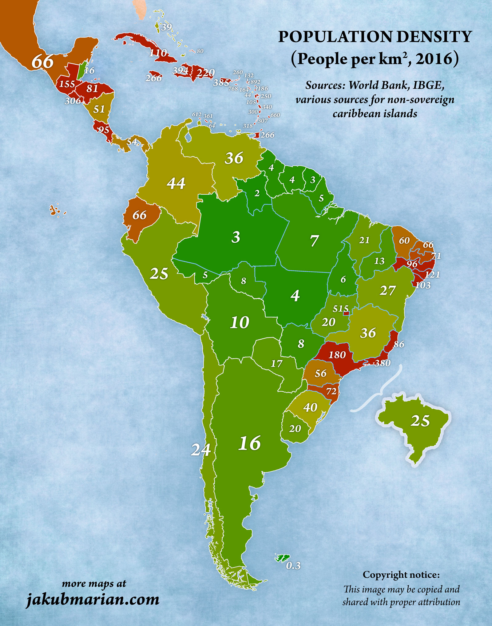 Population density in South and Central America
