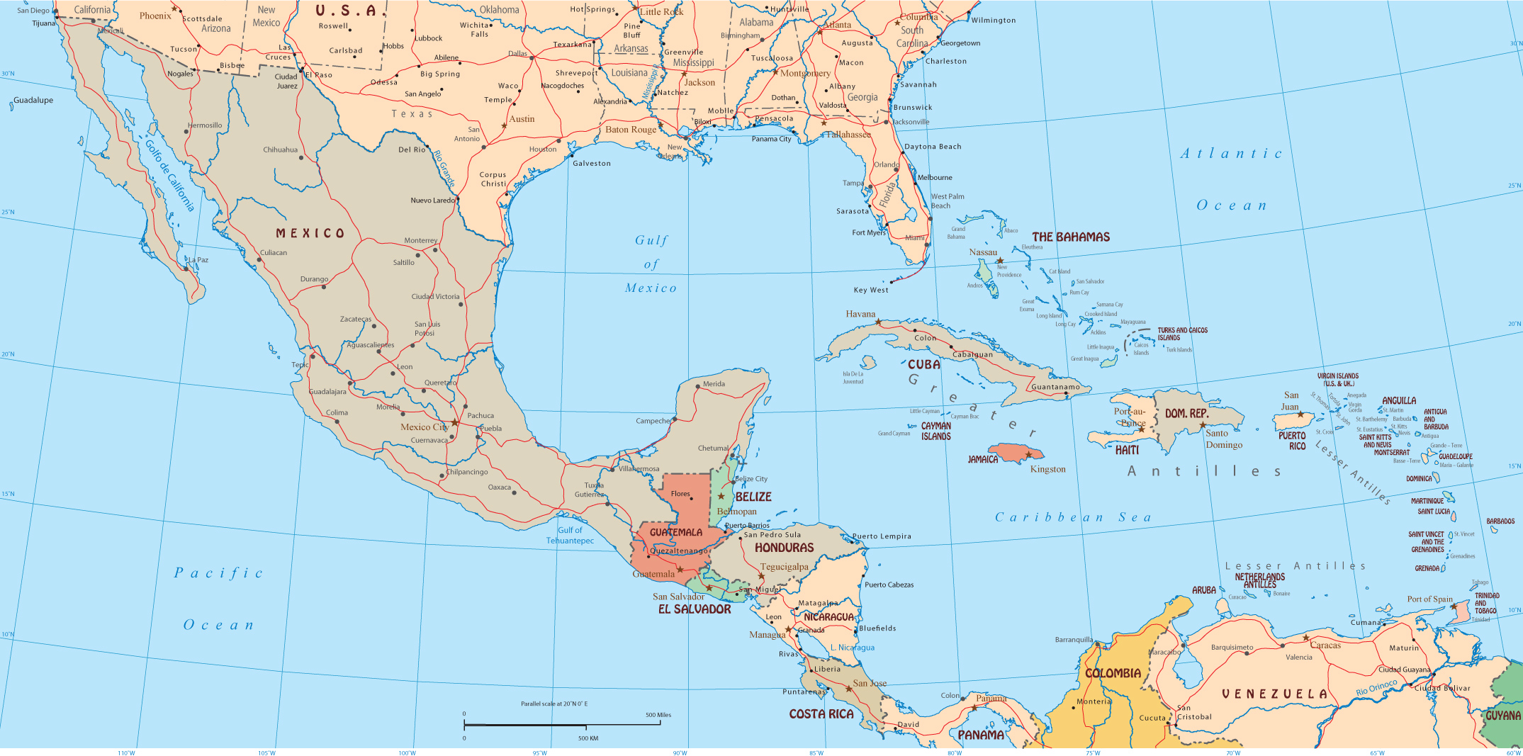Political Map Central America and Caribbean