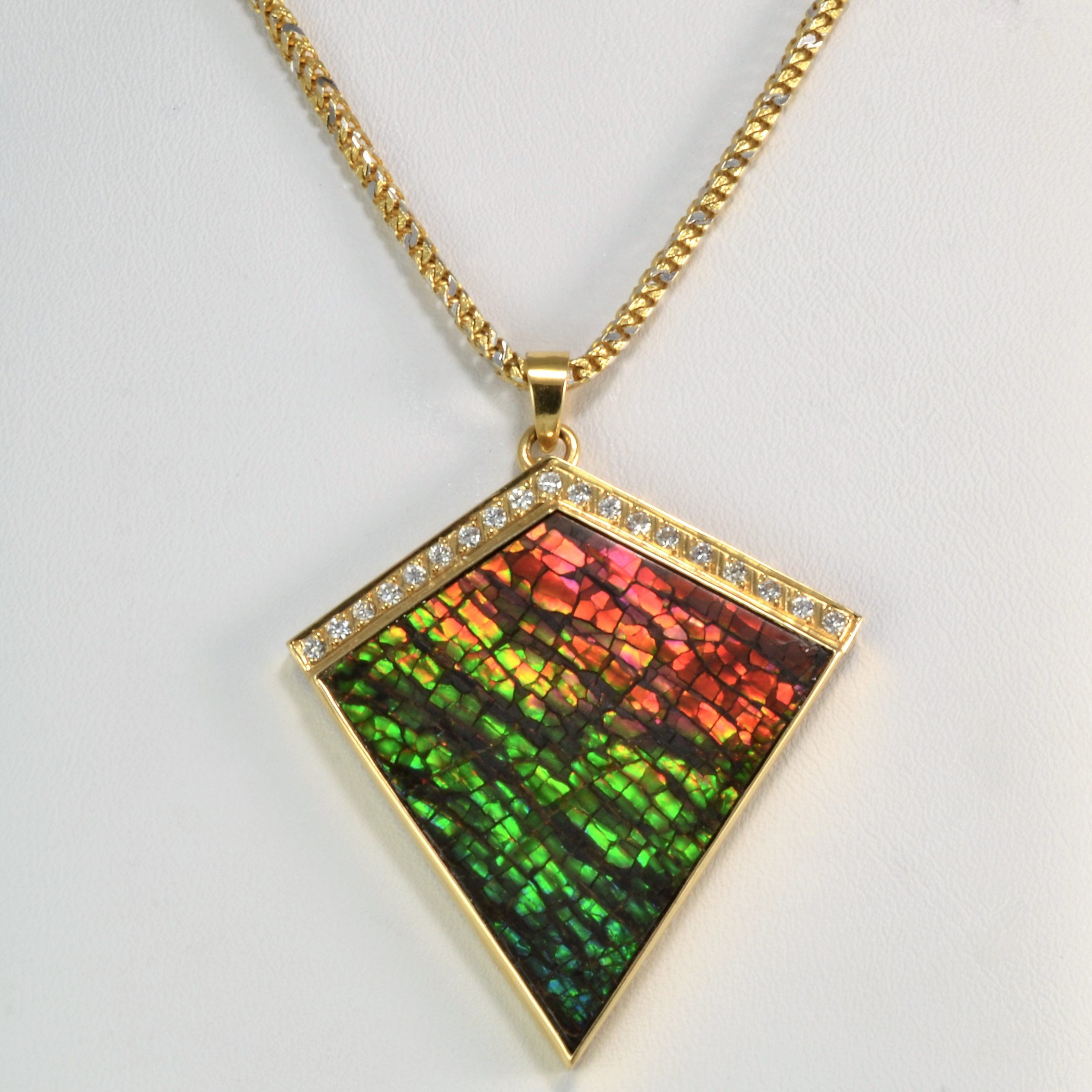 Unique Kite Shaped Ammolite & Diamond Pendant Necklace | 0.38 ctw ...