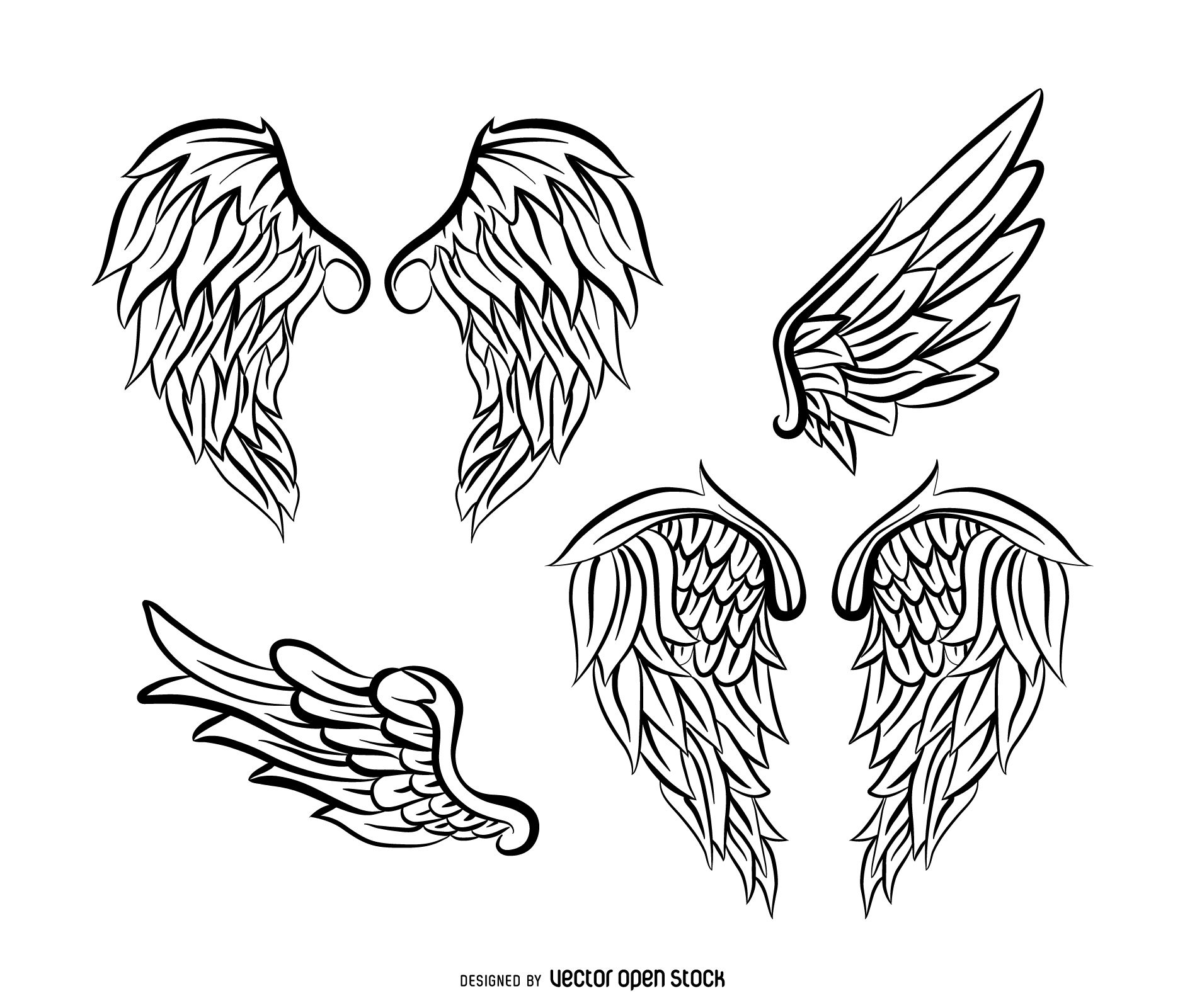Set of illustrated angel wing outlines. Different shapes and styles ...