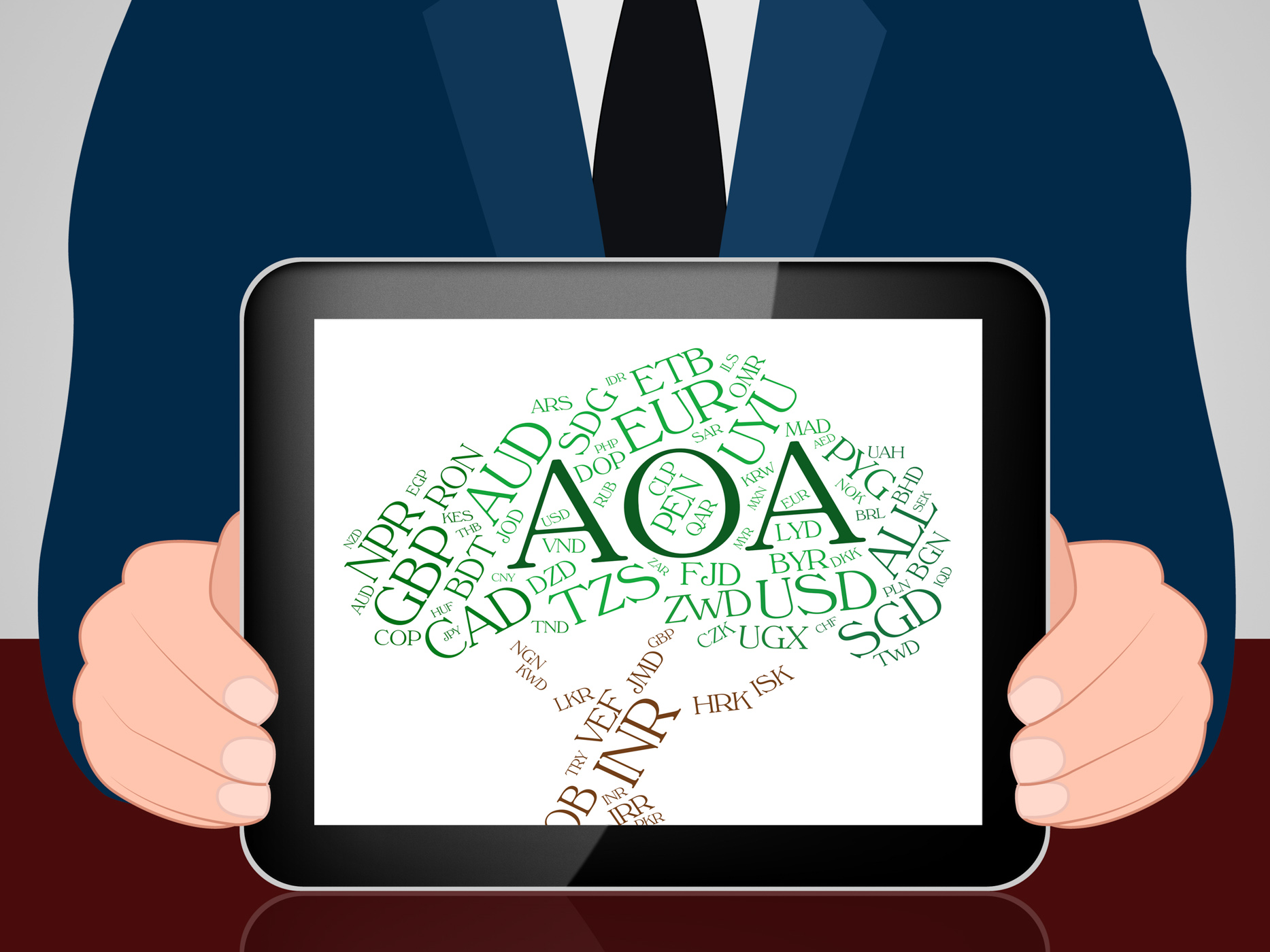Aoa currency indicates exchange rate and coin photo