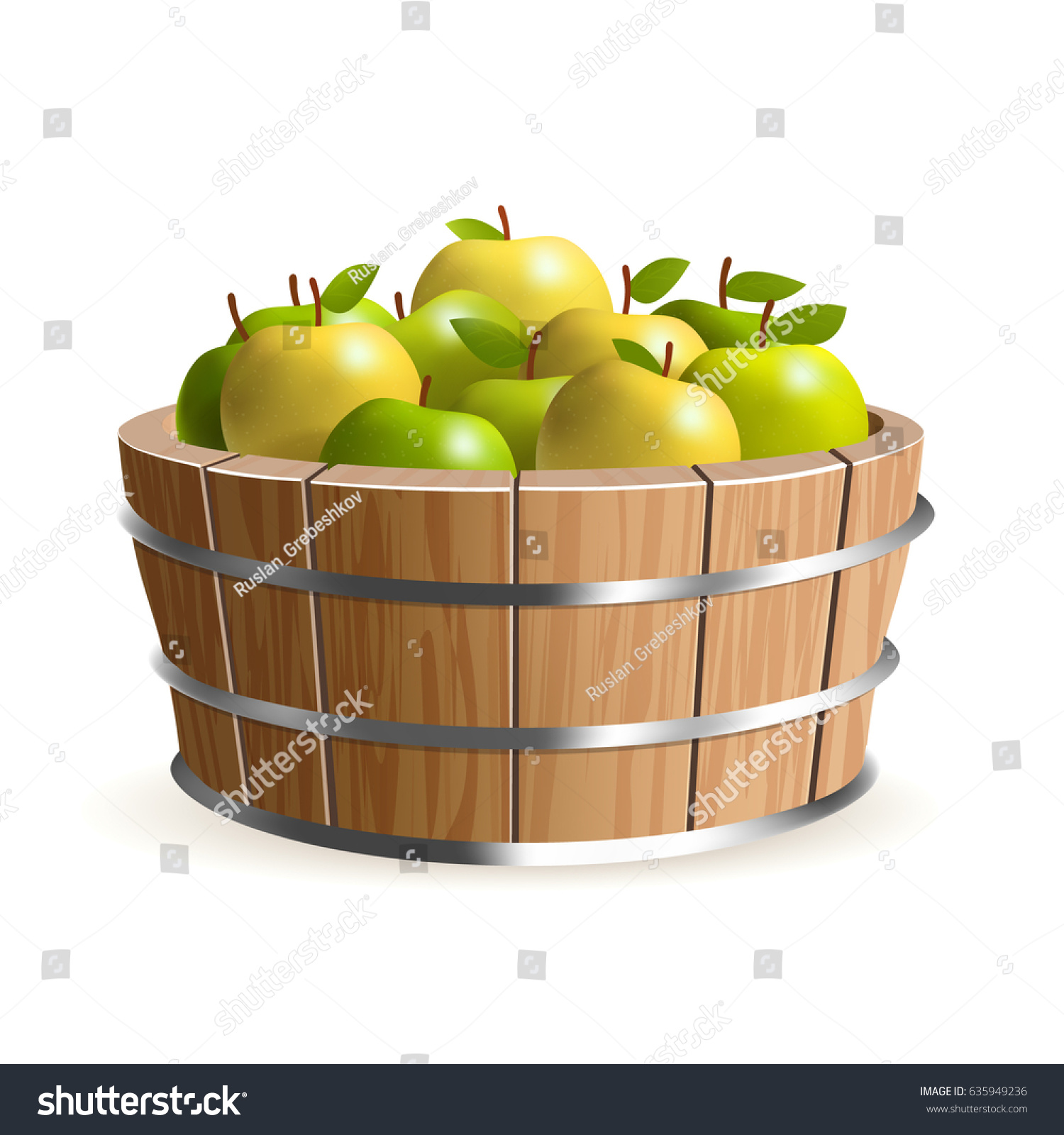 Wooden Bucket Juicy Apples Stock Vector 635949236 - Shutterstock