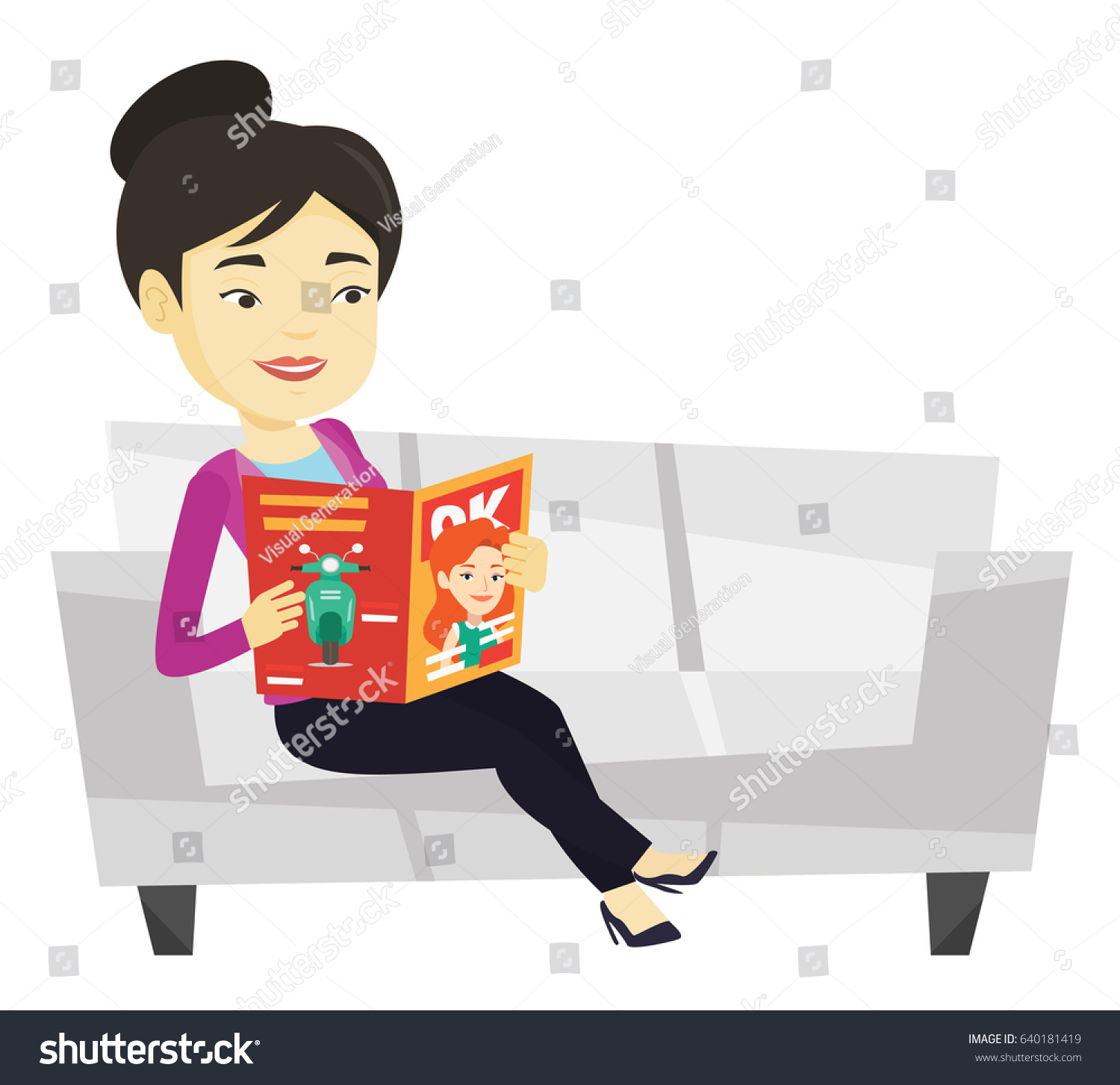 Young Asian Woman Reading Magazine Woman Stock Vector 640181419 ...