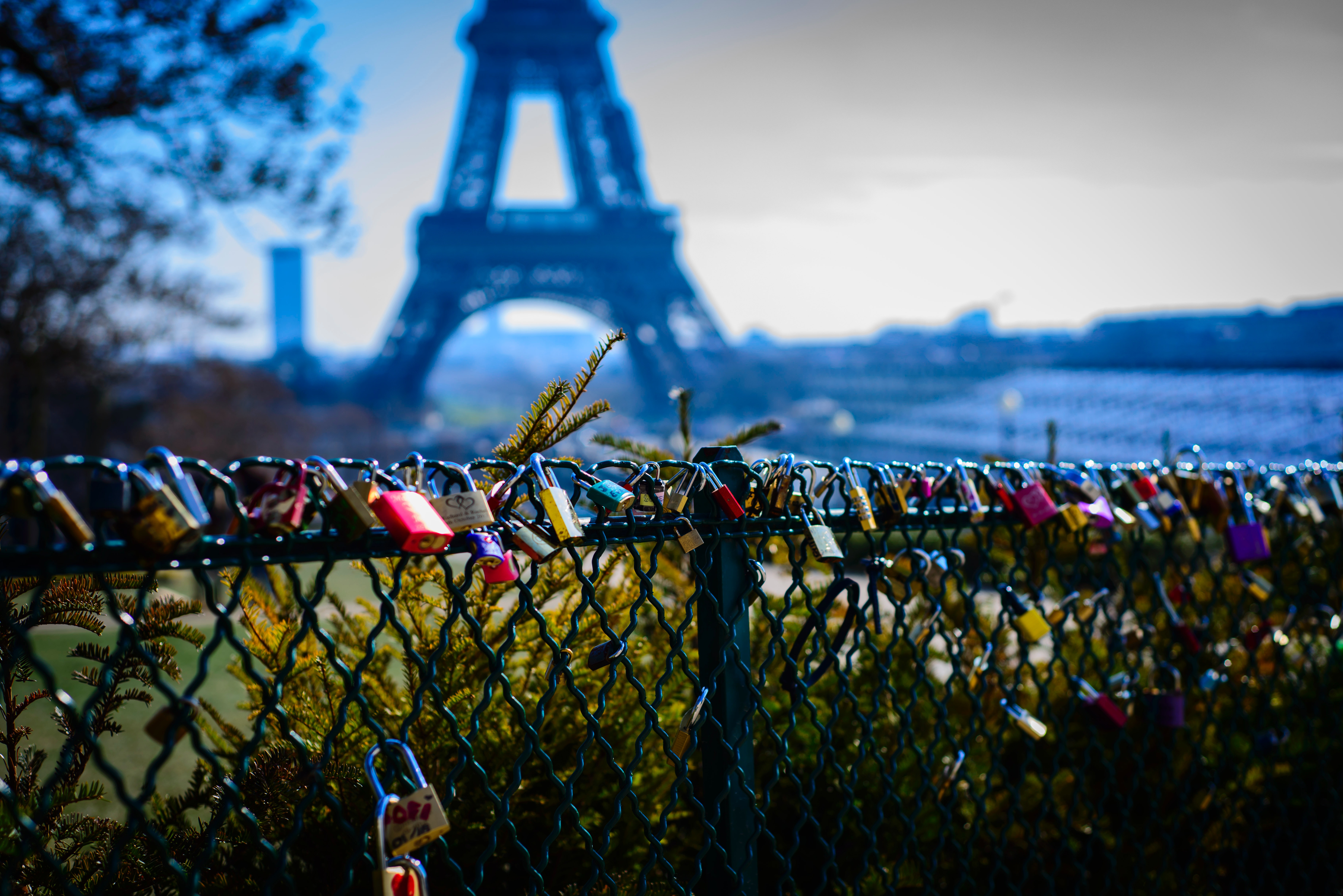 Assorted-color Padlocks Near Eiffel Tower in Paris France, Blurred background, City, Clouds, Colors, HQ Photo