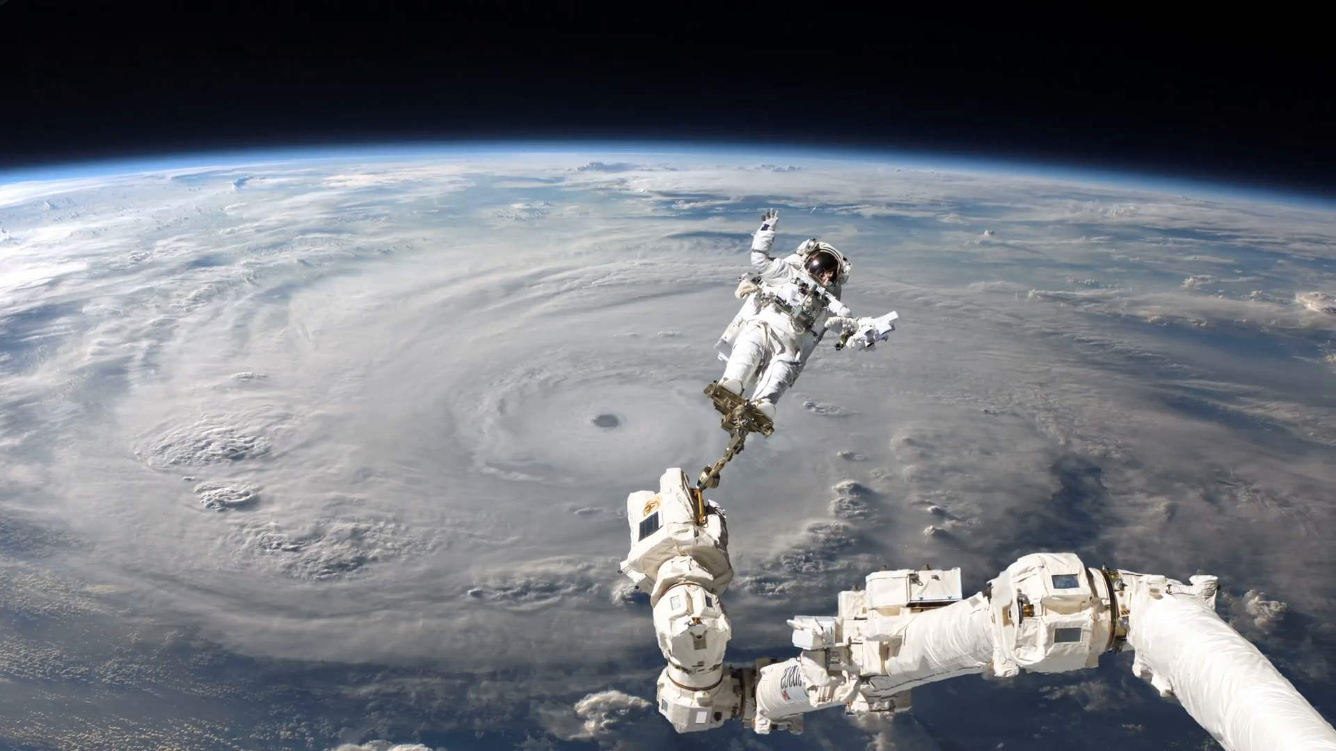 Astronaut in space earth and hurricane in background Stock Video ...