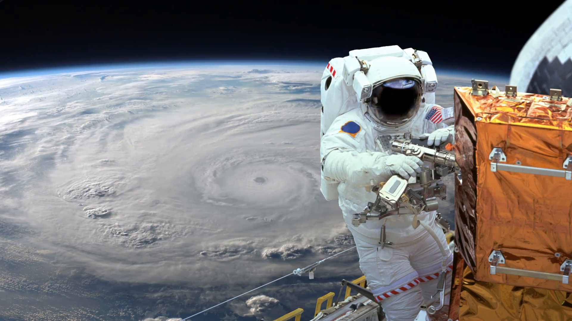 Astronaut working in space earth and a hurricane in background Stock ...