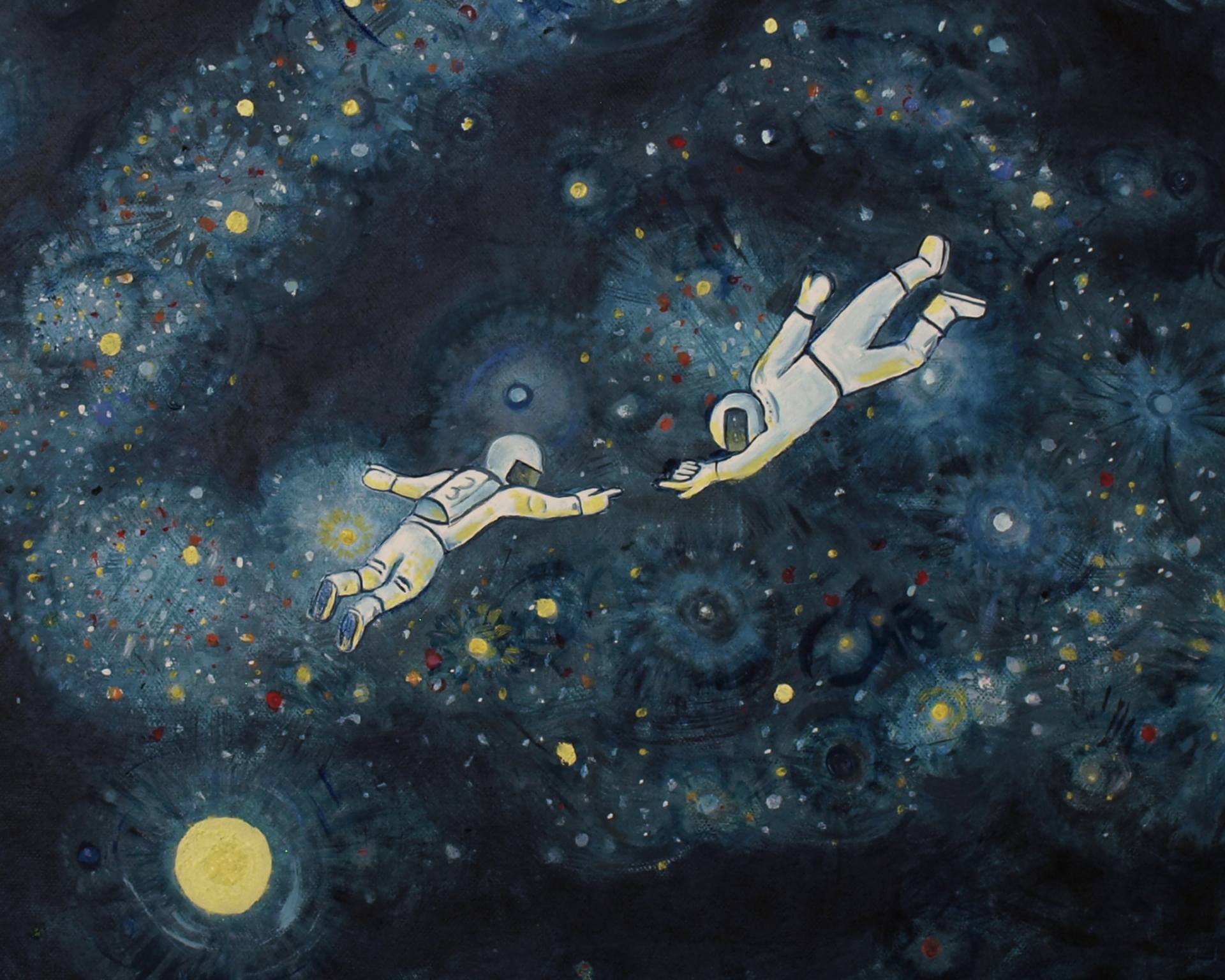 Saatchi Art: Two Astronauts Floating Above a Blue Galaxy Painting by ...