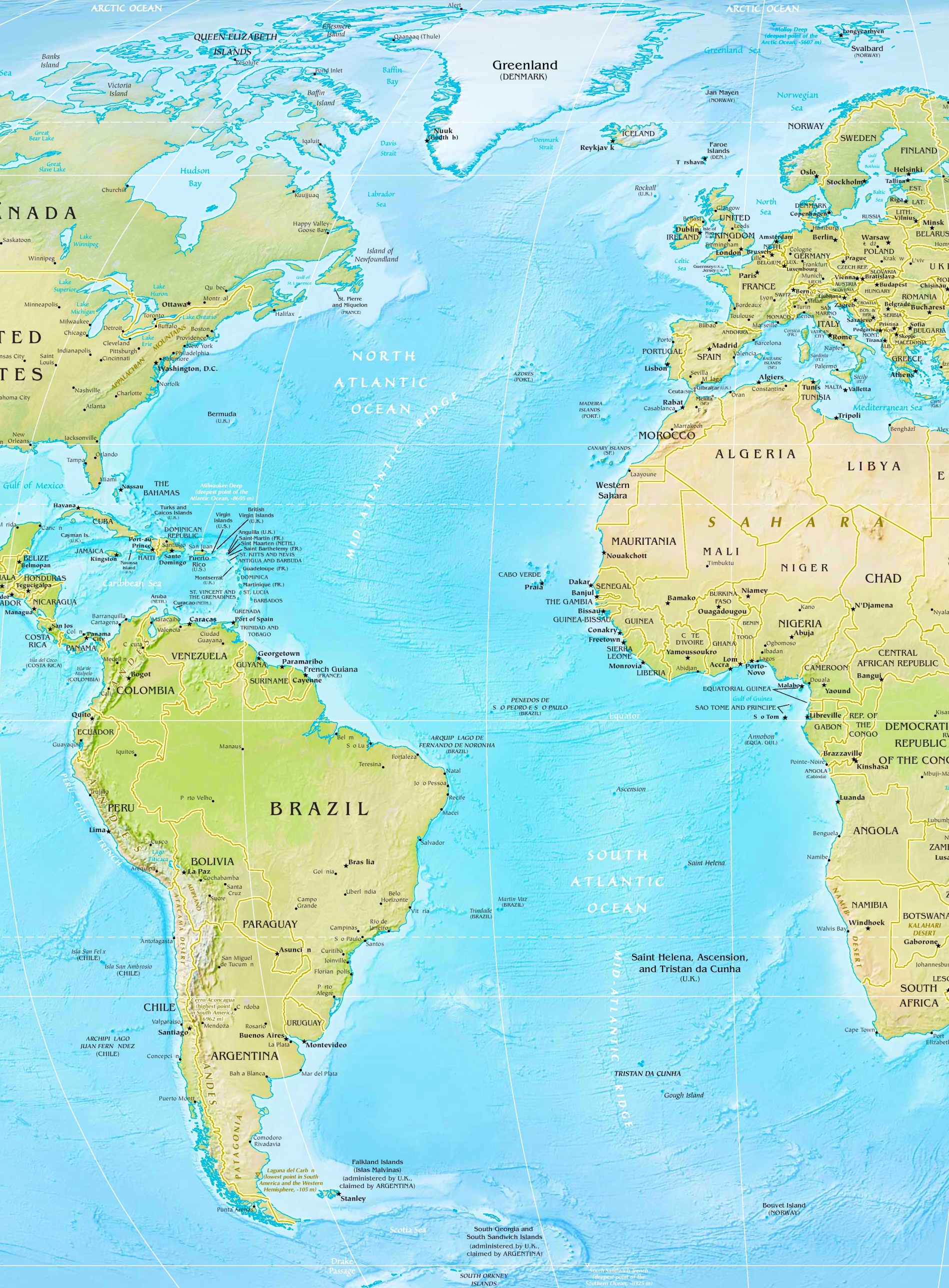 Atlantic Ocean physical map ﻿