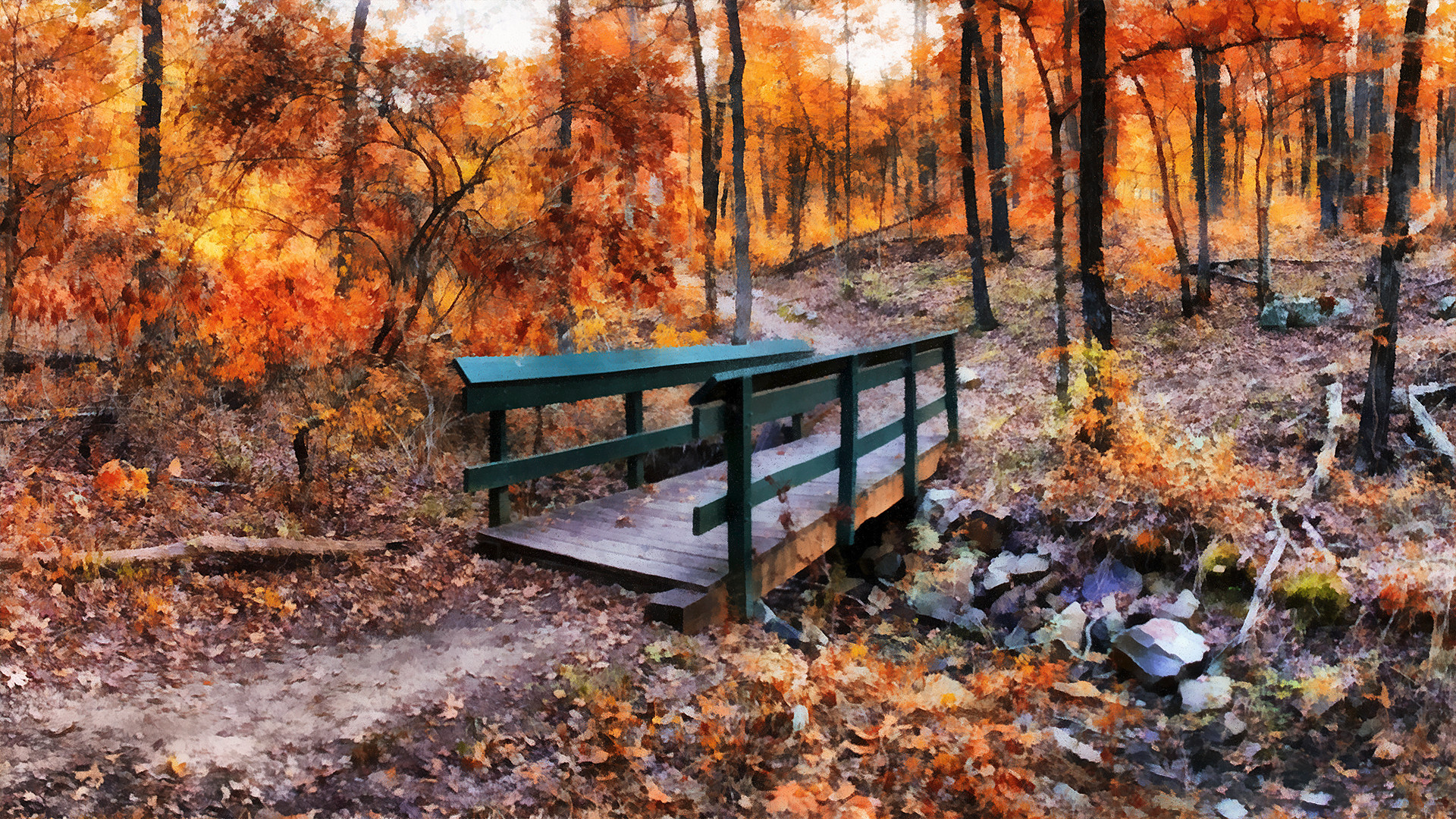 Green Bridge in Autumn Woods - Mark Corder Digital Arts