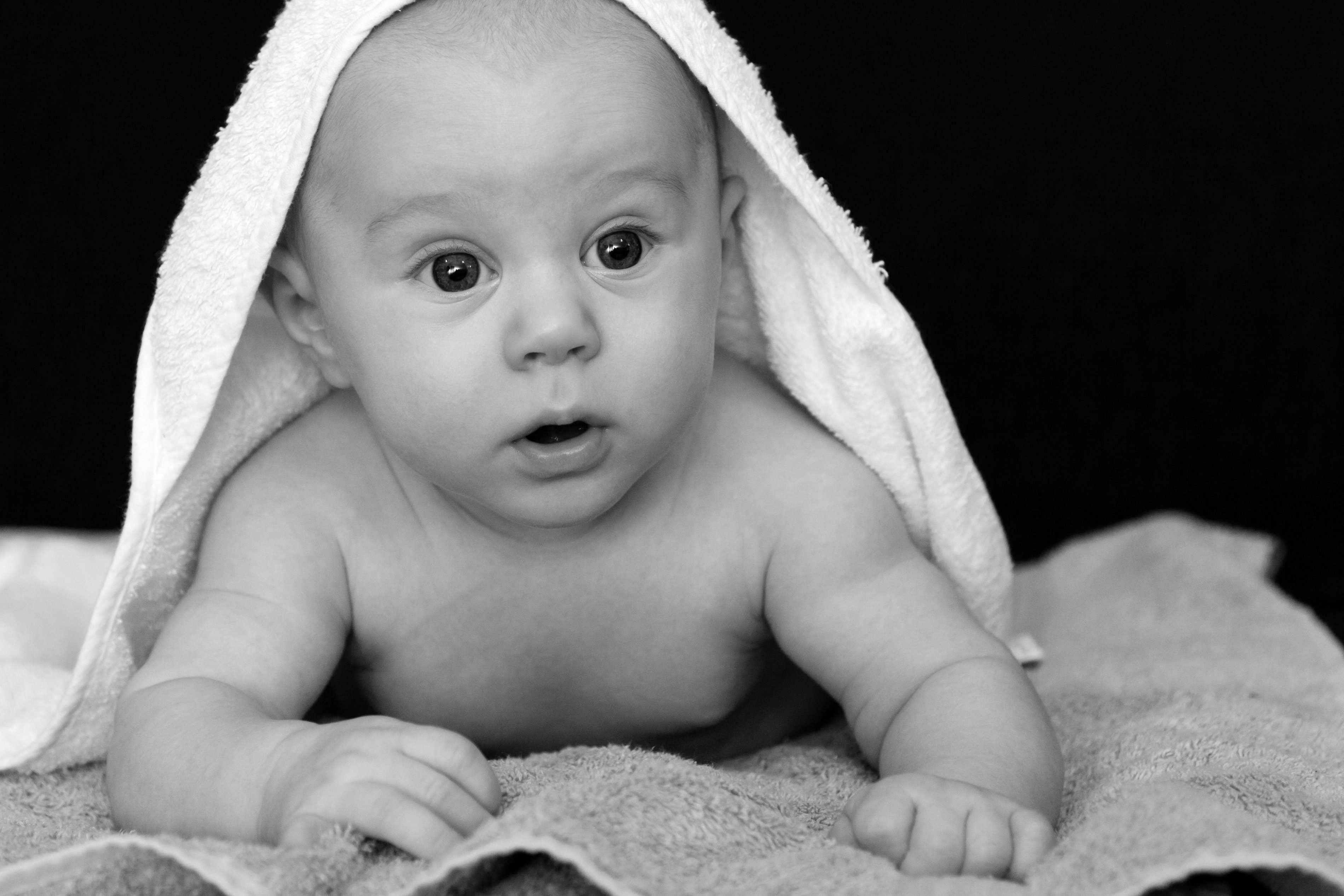 Baby Covered by White Towel Grayscale Photography, Kid, Young, Towel, Toddler, HQ Photo