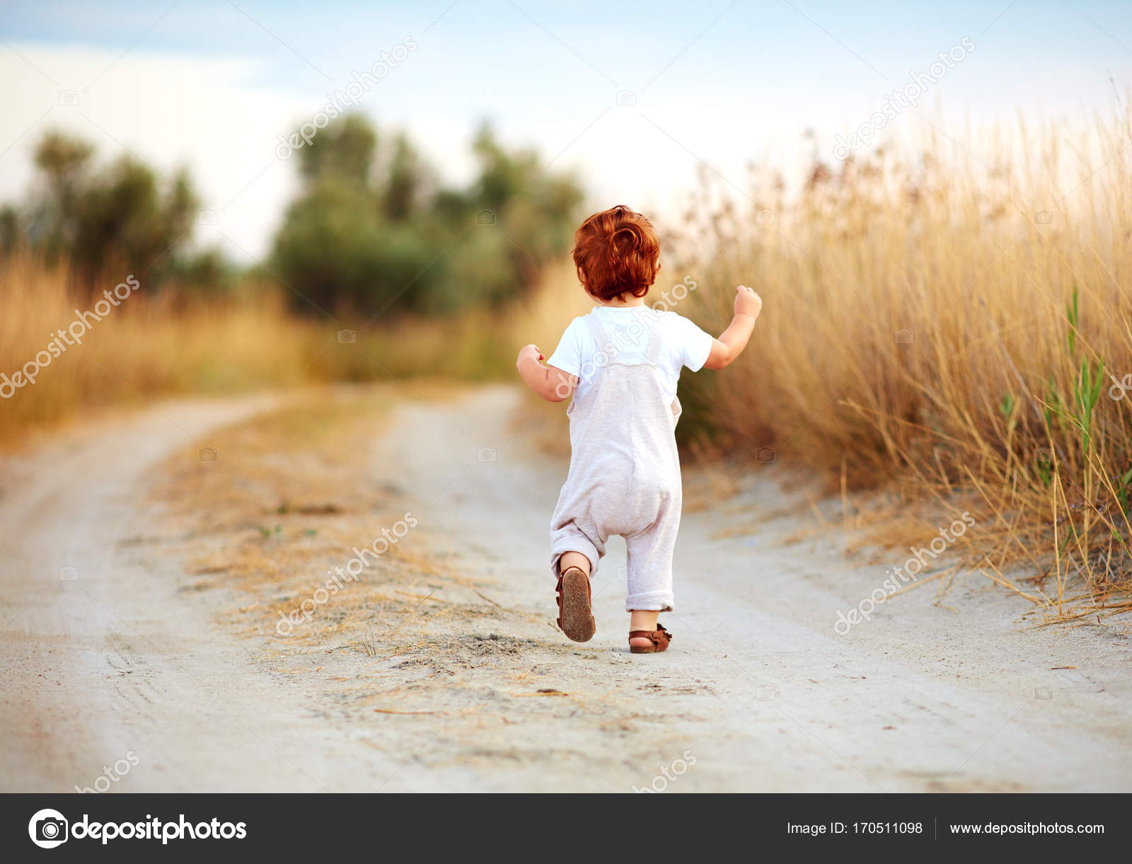 cute toddler baby boy running away along the path at summer field ...