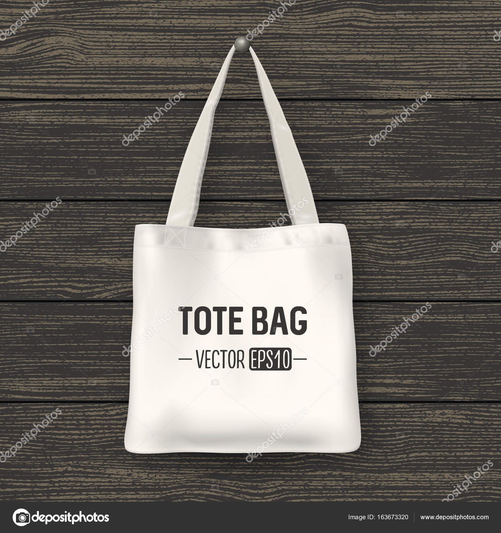 Realistic vector white textile tote bag. Closeup on wood background ...
