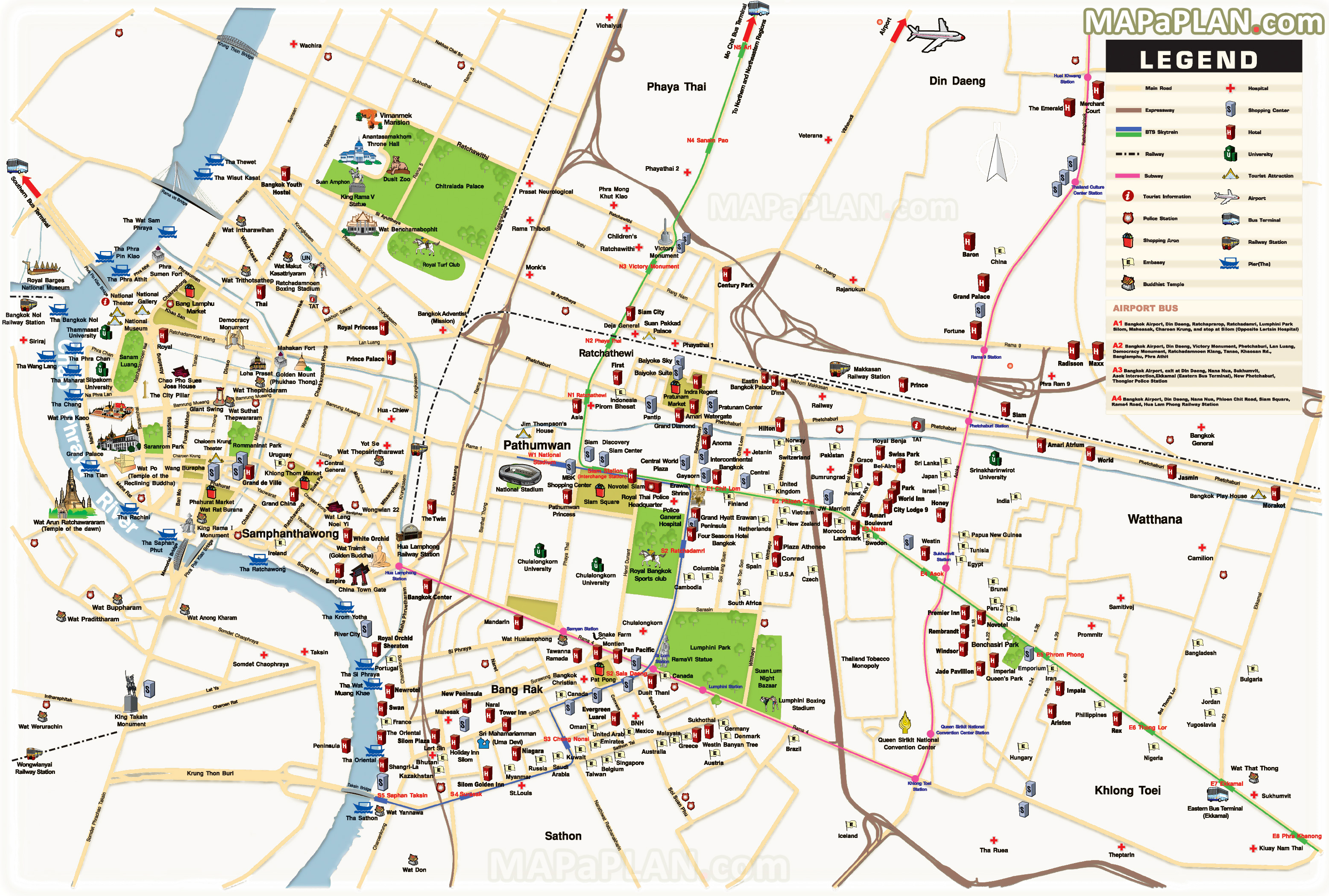 Bangkok maps - Top tourist attractions - Free, printable city street map