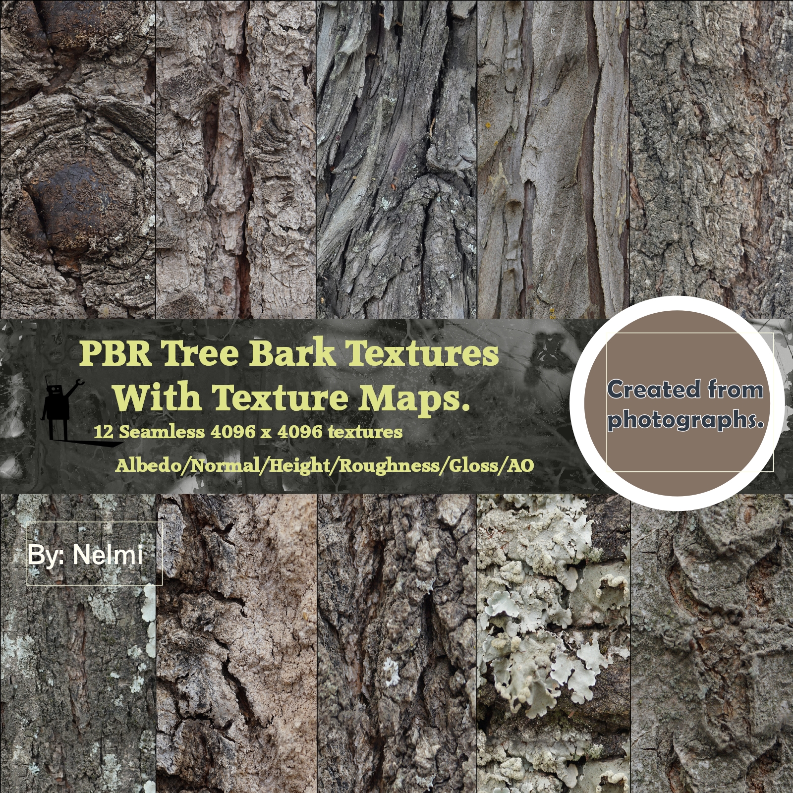 12 PBR Tree Bark Textures with Texture Maps 2D Graphics nelmi