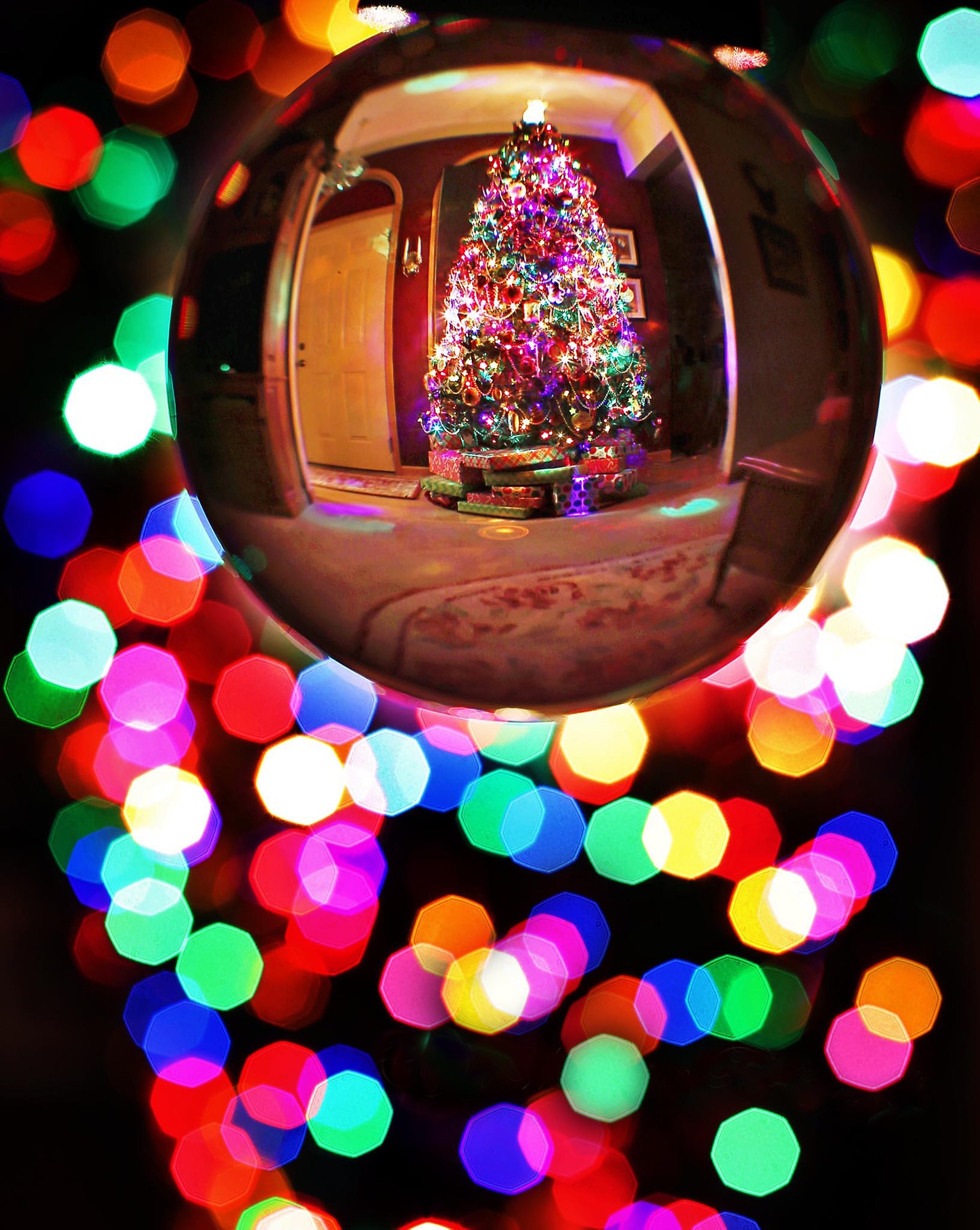 Bauble reflecting a christmas tree photo