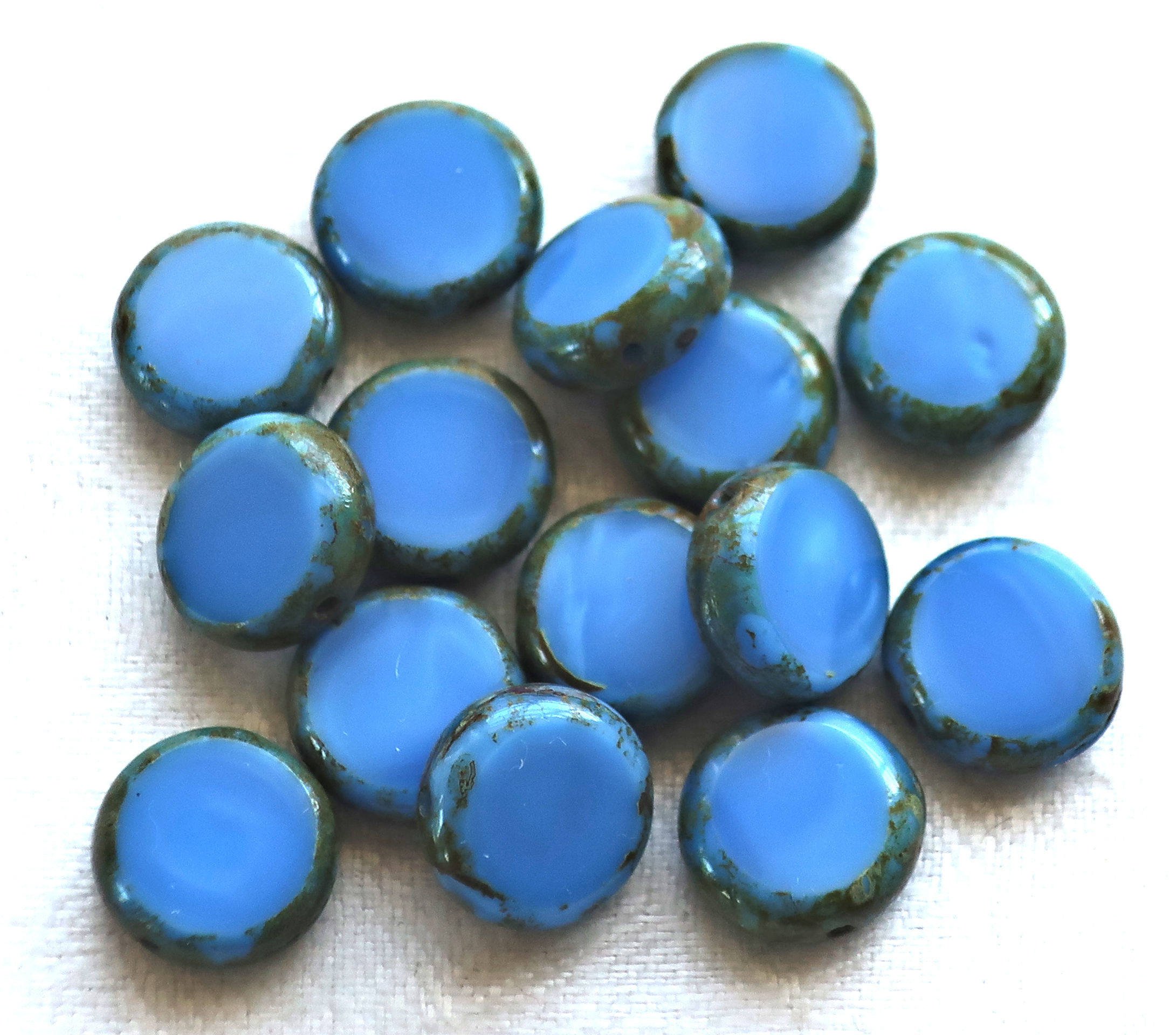 15 blue Czech glass coin, disc beads, flat round beads, opaque sky ...
