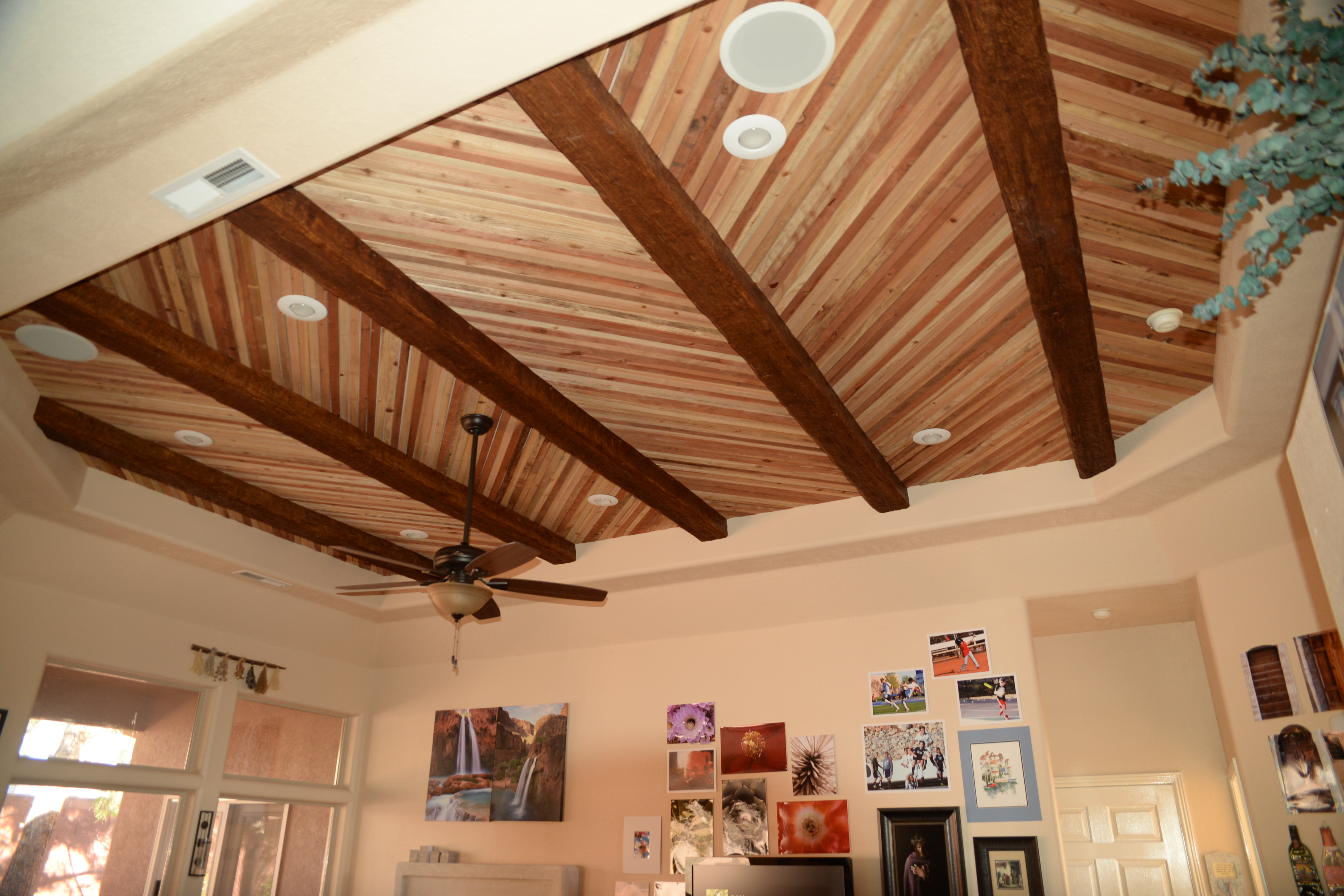 Accenting a Plank Ceiling with Beams | Faux Wood Workshop