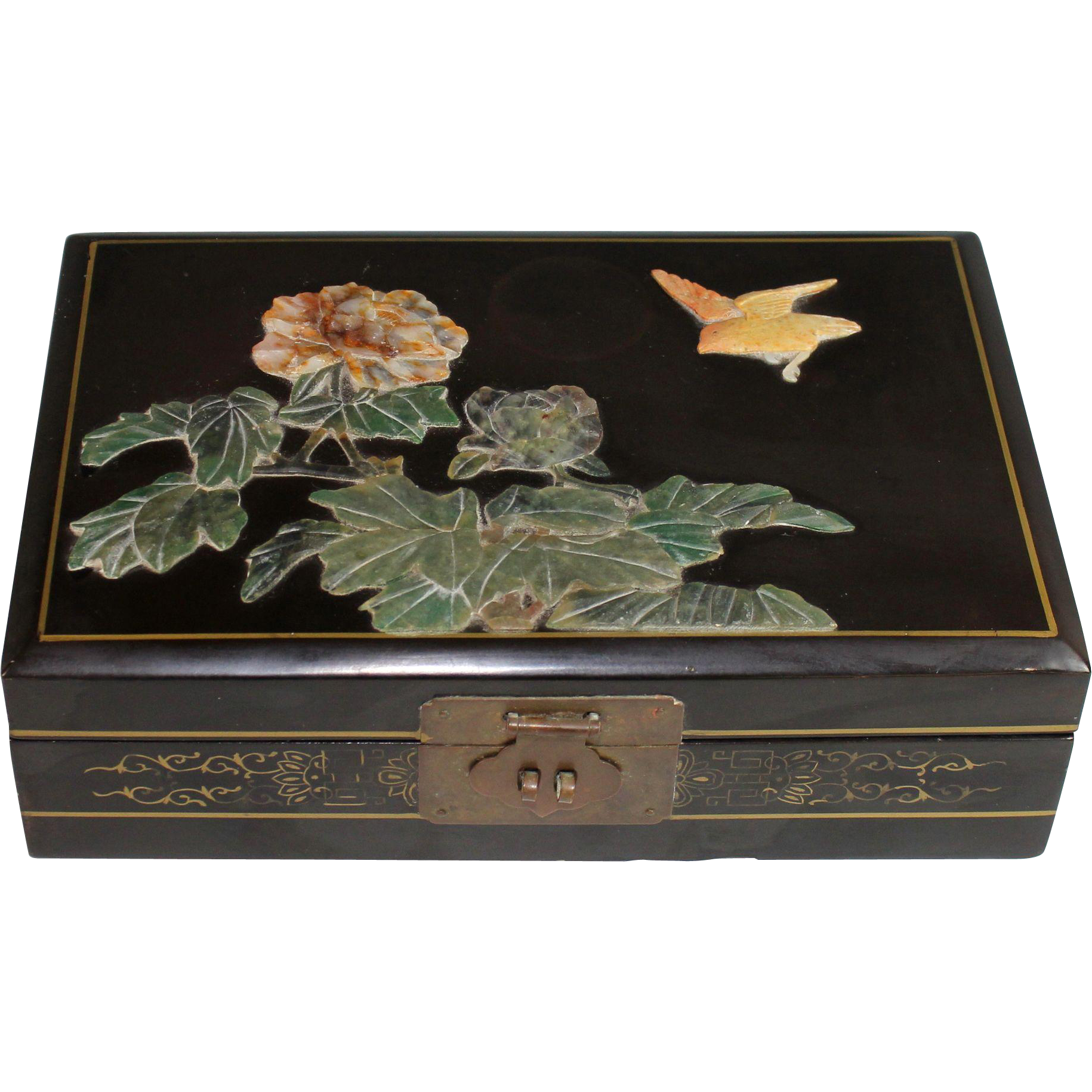Vintage Chinese Lacquer Jewelry Box with Hard Stone Flowers Brass ...