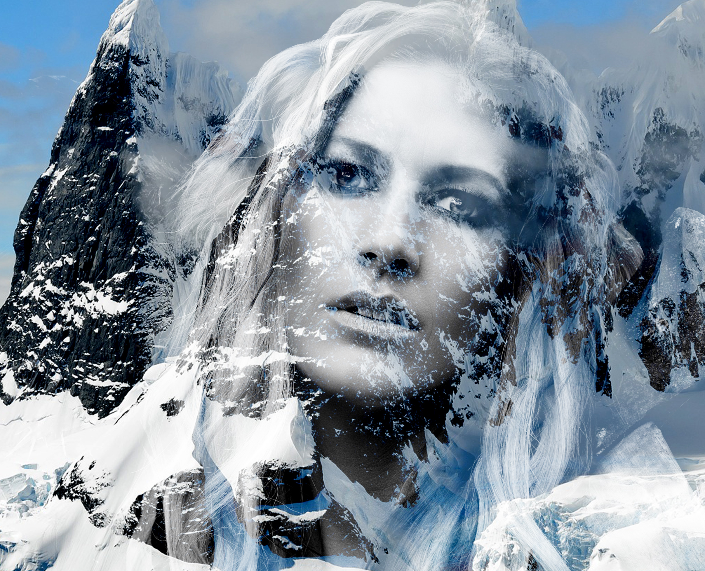 Beautiful lady in the mountains - double exposure effect photo