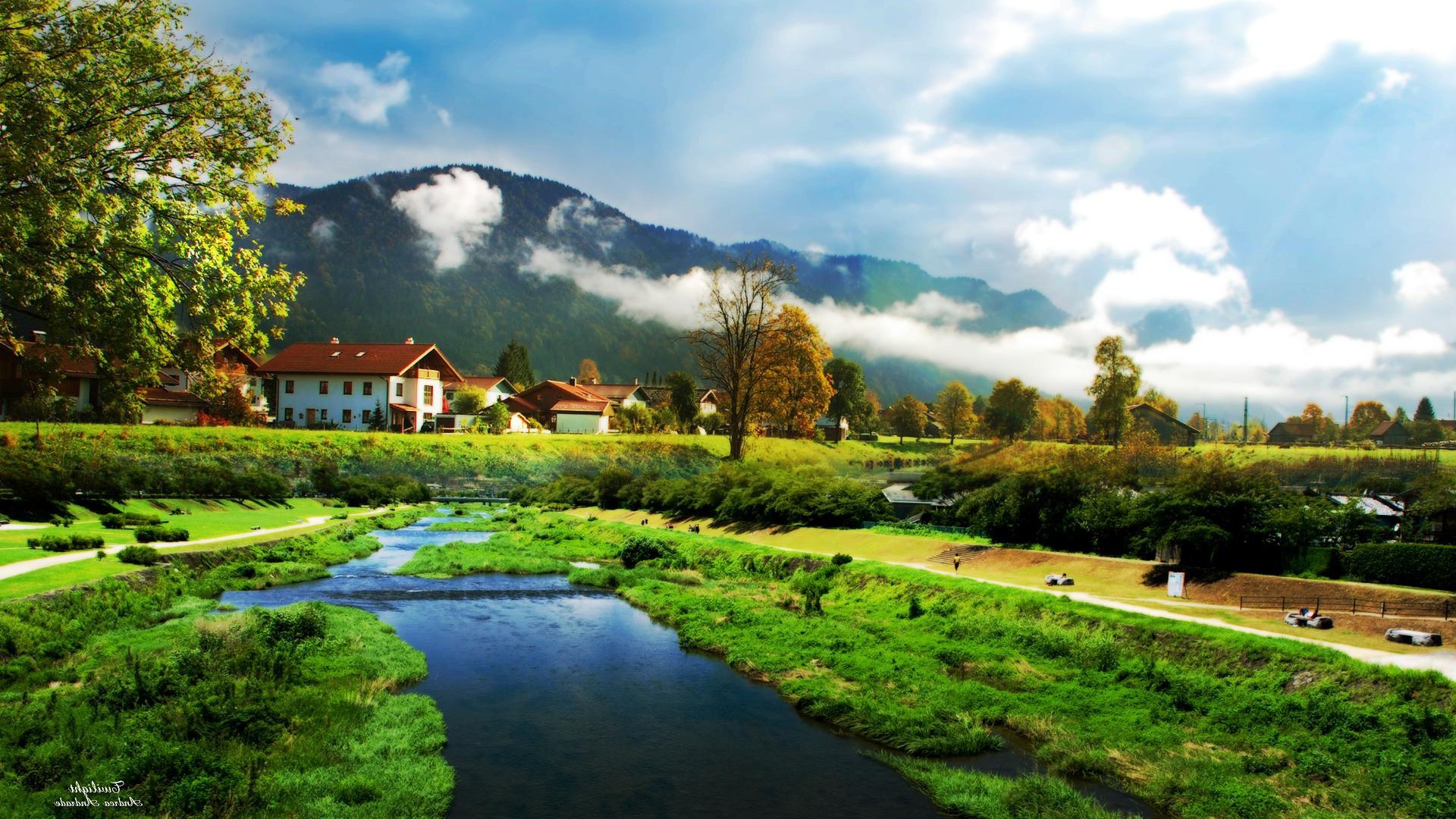 Houses: Beautiful Town Landscape Green River Clouds Mountain Trees ...