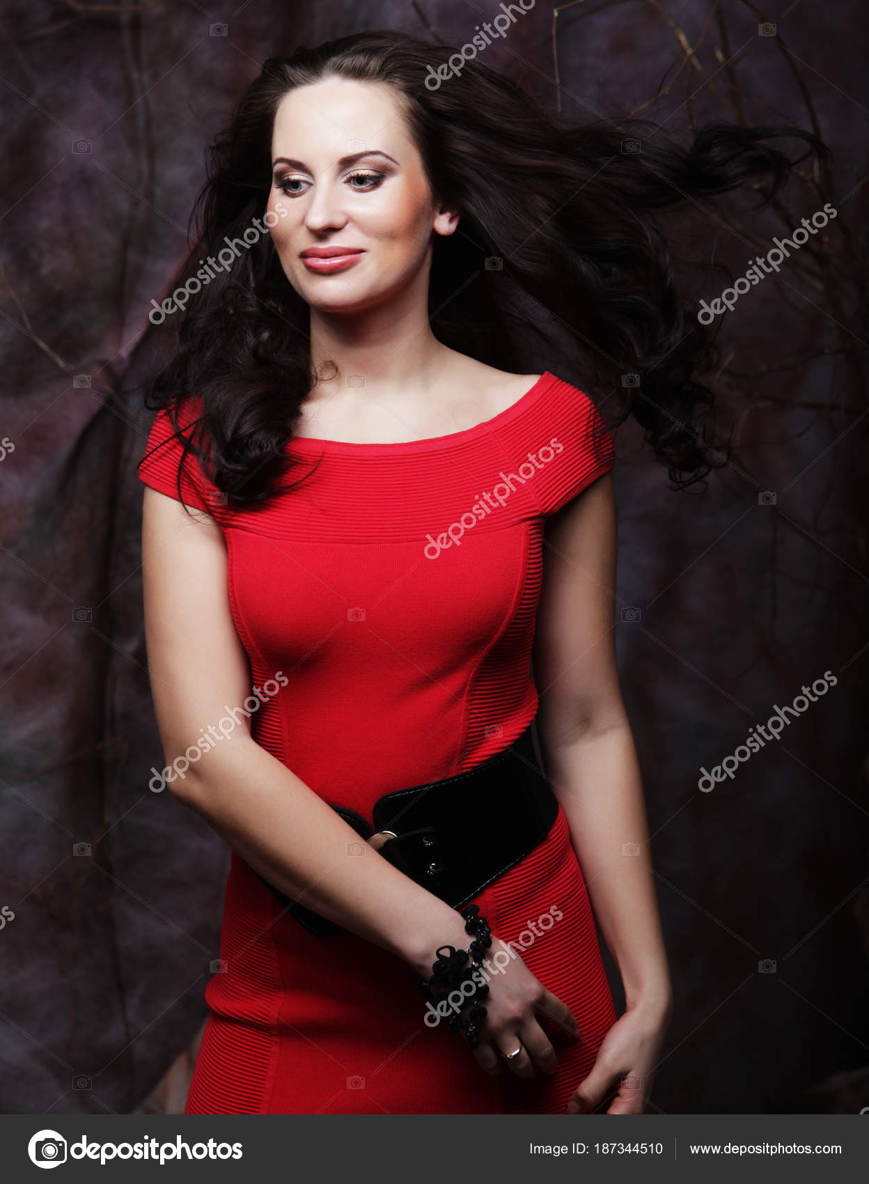 Sexy young beauty brunette woman in red dress — Stock Photo ...