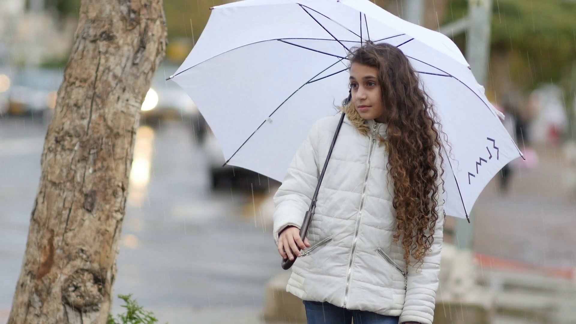 Beautiful Girl In The Rain With A White Umbrella Long Shot Stock ...