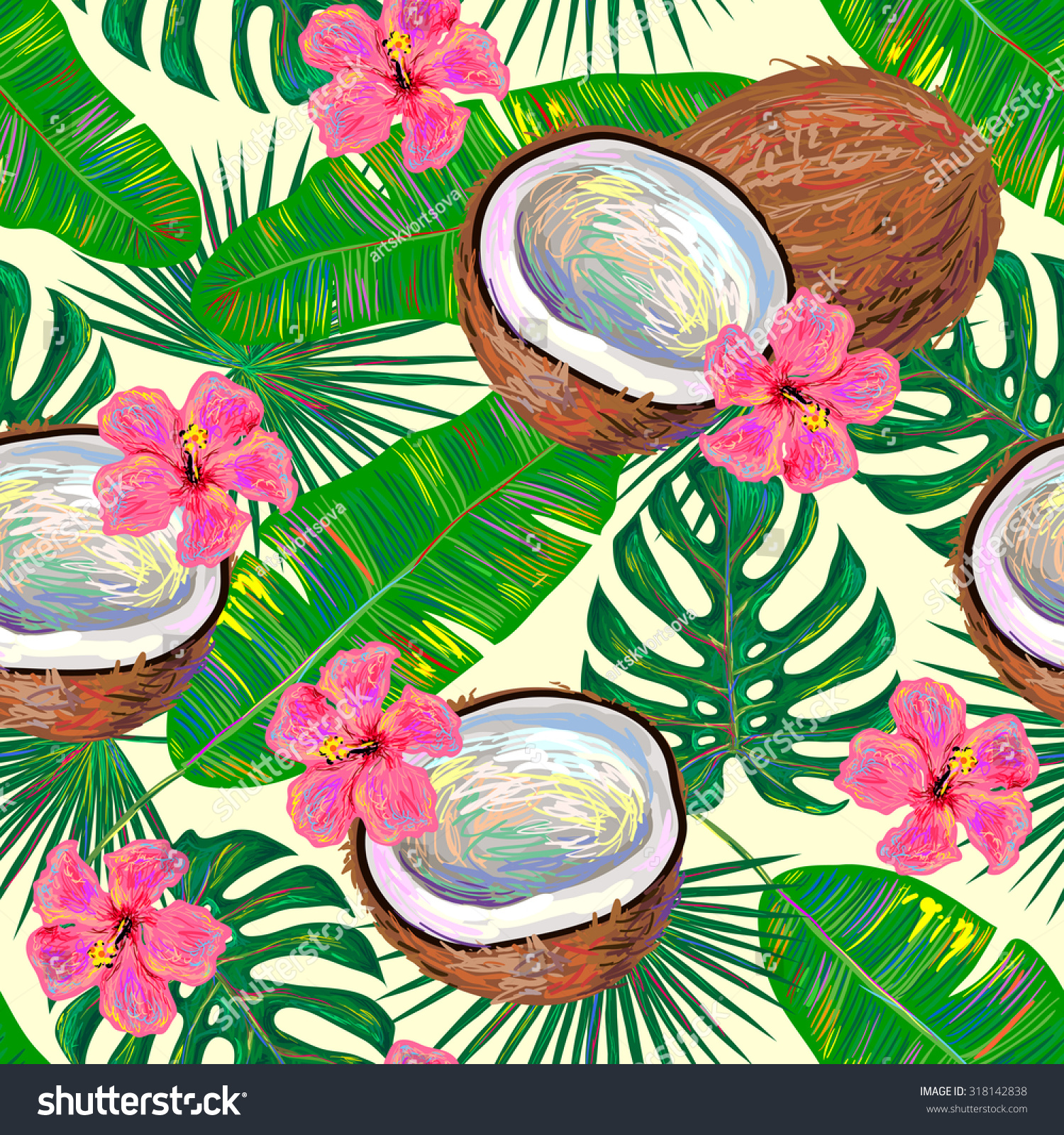 Seamless Tropical Pattern Coconut Flowers Banana Stock Vector ...