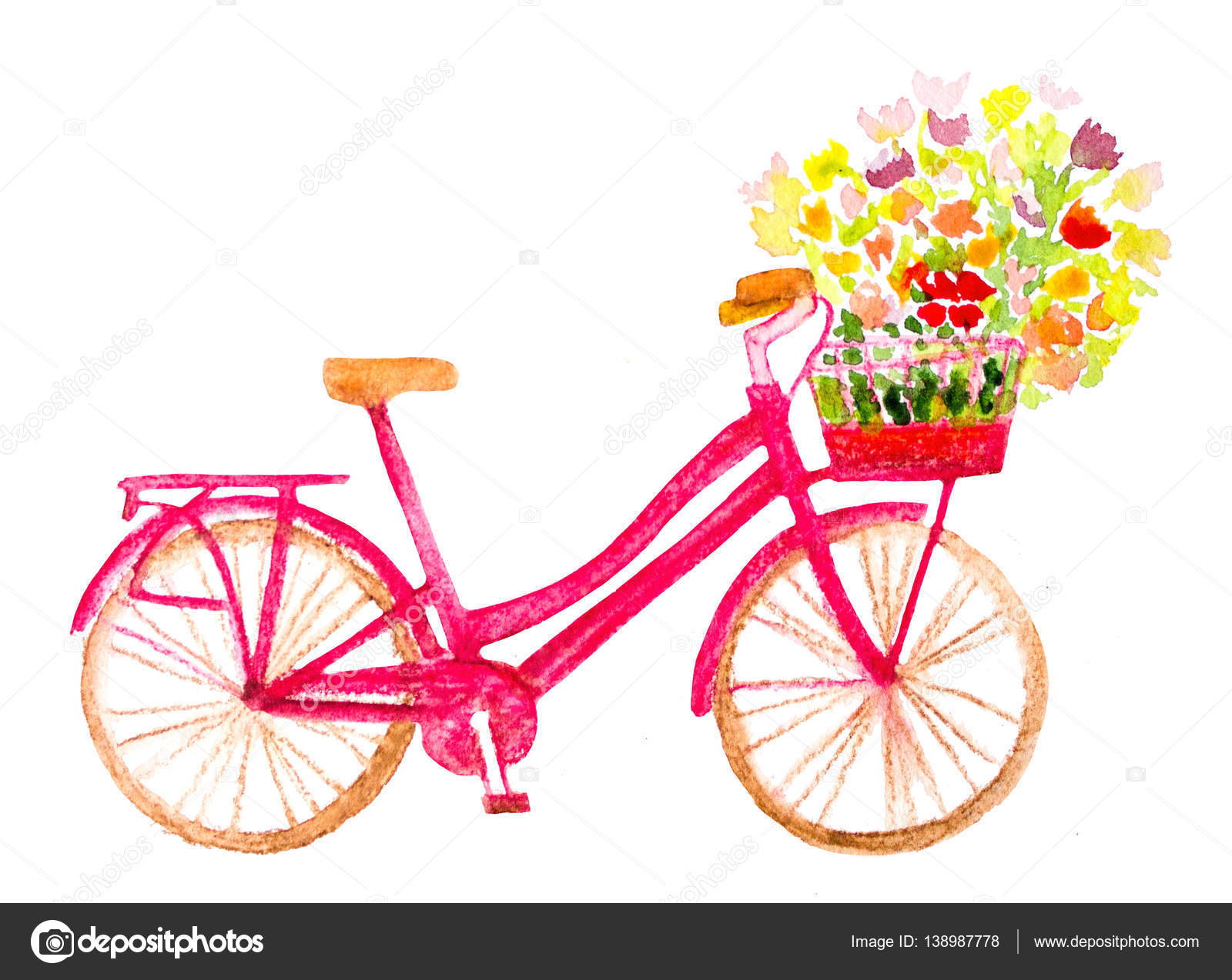 watercolor hand painted bicycle with flowers on white — Stock Photo ...