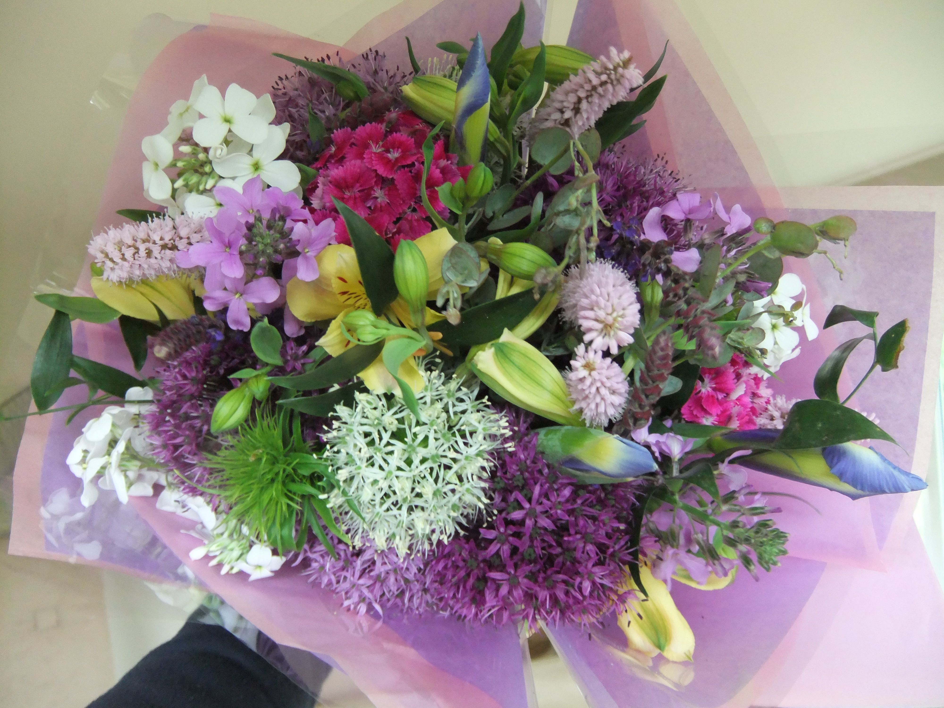 May birthday bouquet of alliums, anenomes, polygonum, fragrant sweet ...