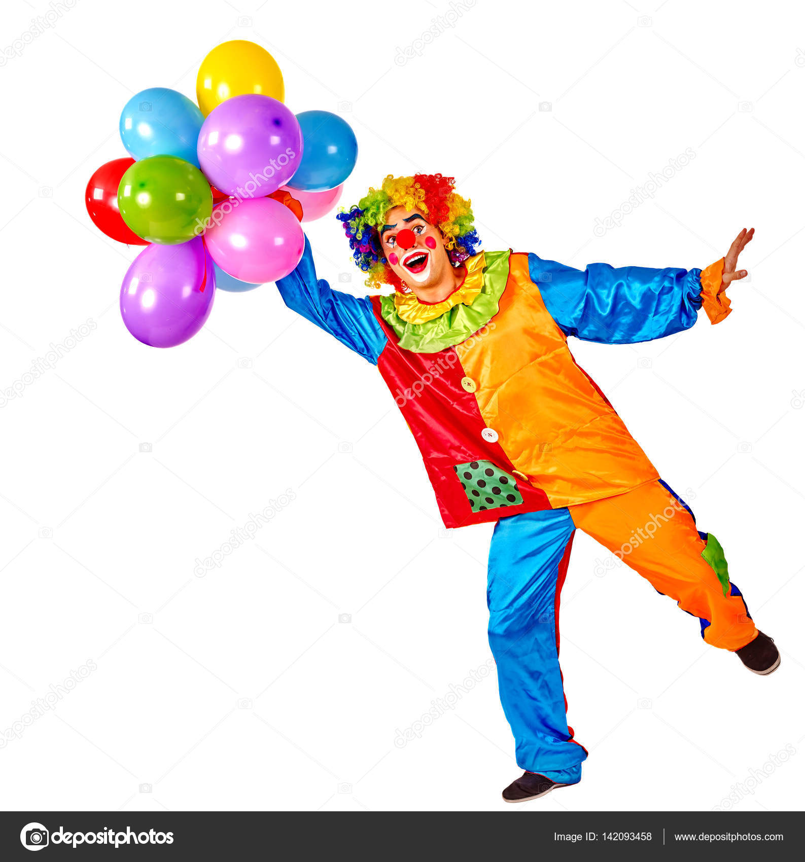 Birthday child clown with balloons bunch on isolated. — Stock Photo ...