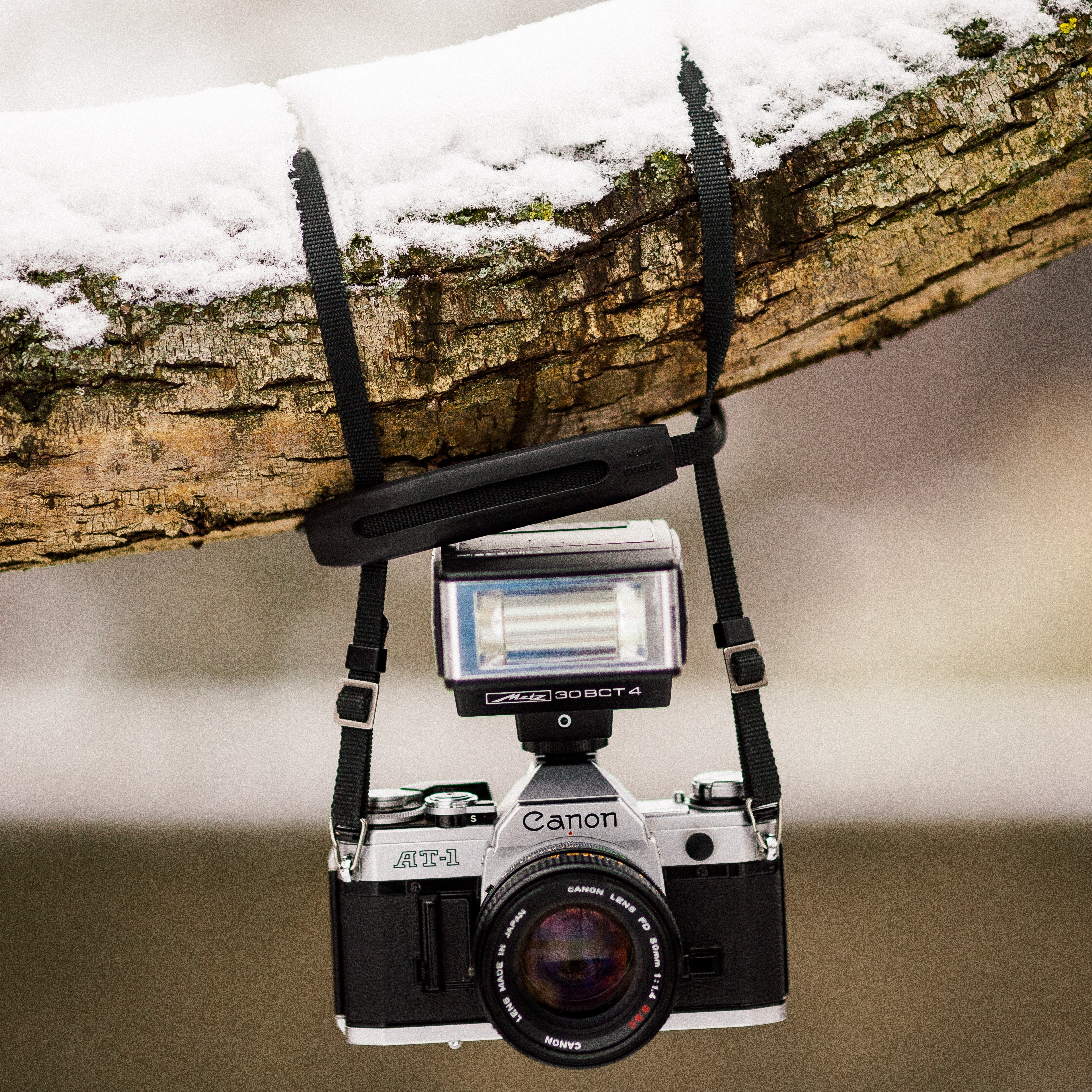 Black and gray canon dslr camera hanging on brown tree trunk with snow photo