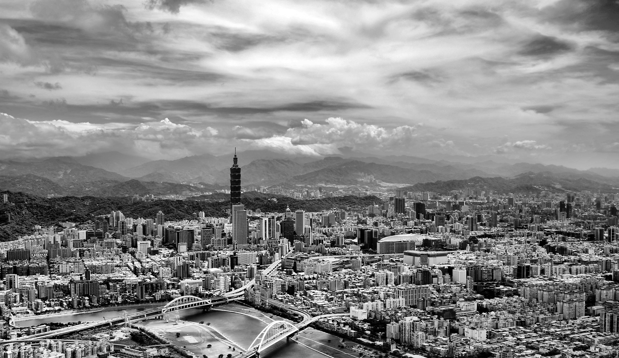 Black and white aerial view of city photo