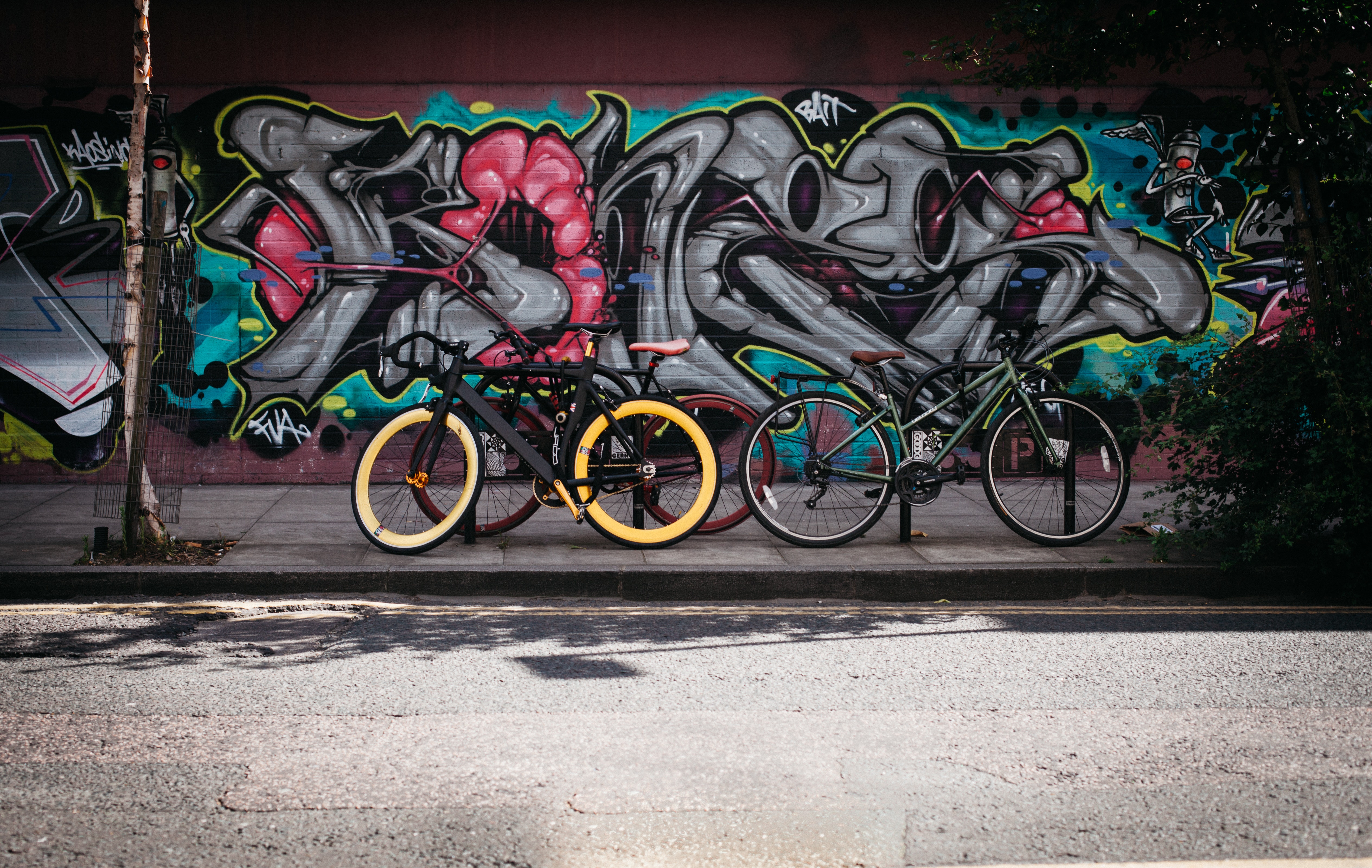 Black and yellow fatbike beside mountain bikes photo