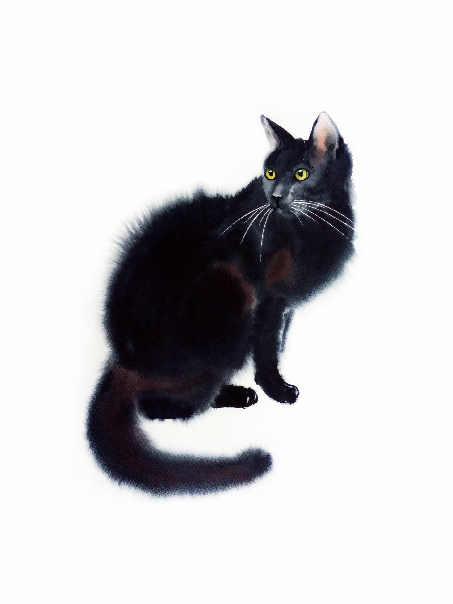 Saatchi Art: Black cat - black cat portrait - watercolor Painting by ...