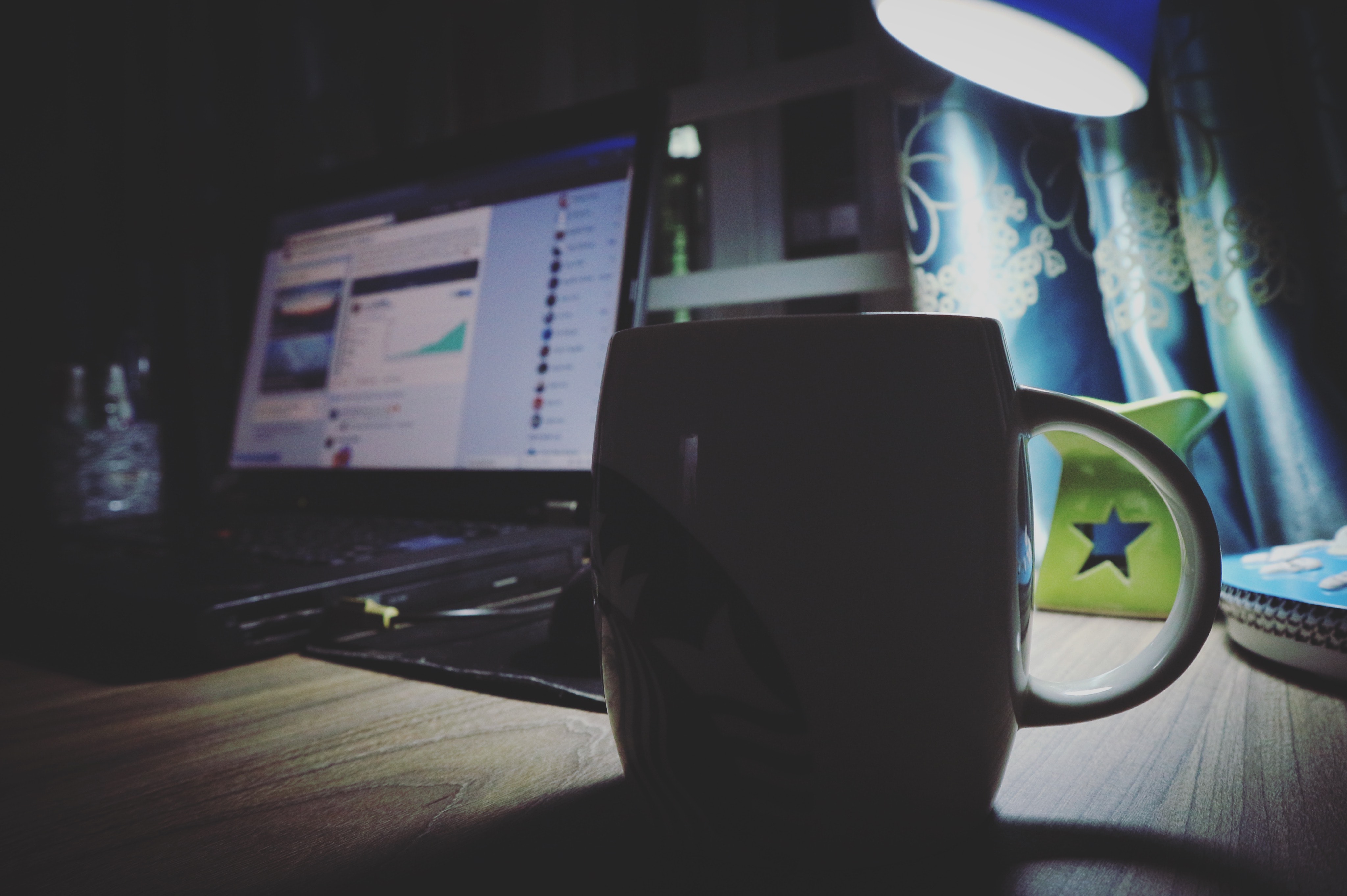 Black Ceramic Mug Near Black Laptop, Blur, Light blue, Wireless, Technology, HQ Photo